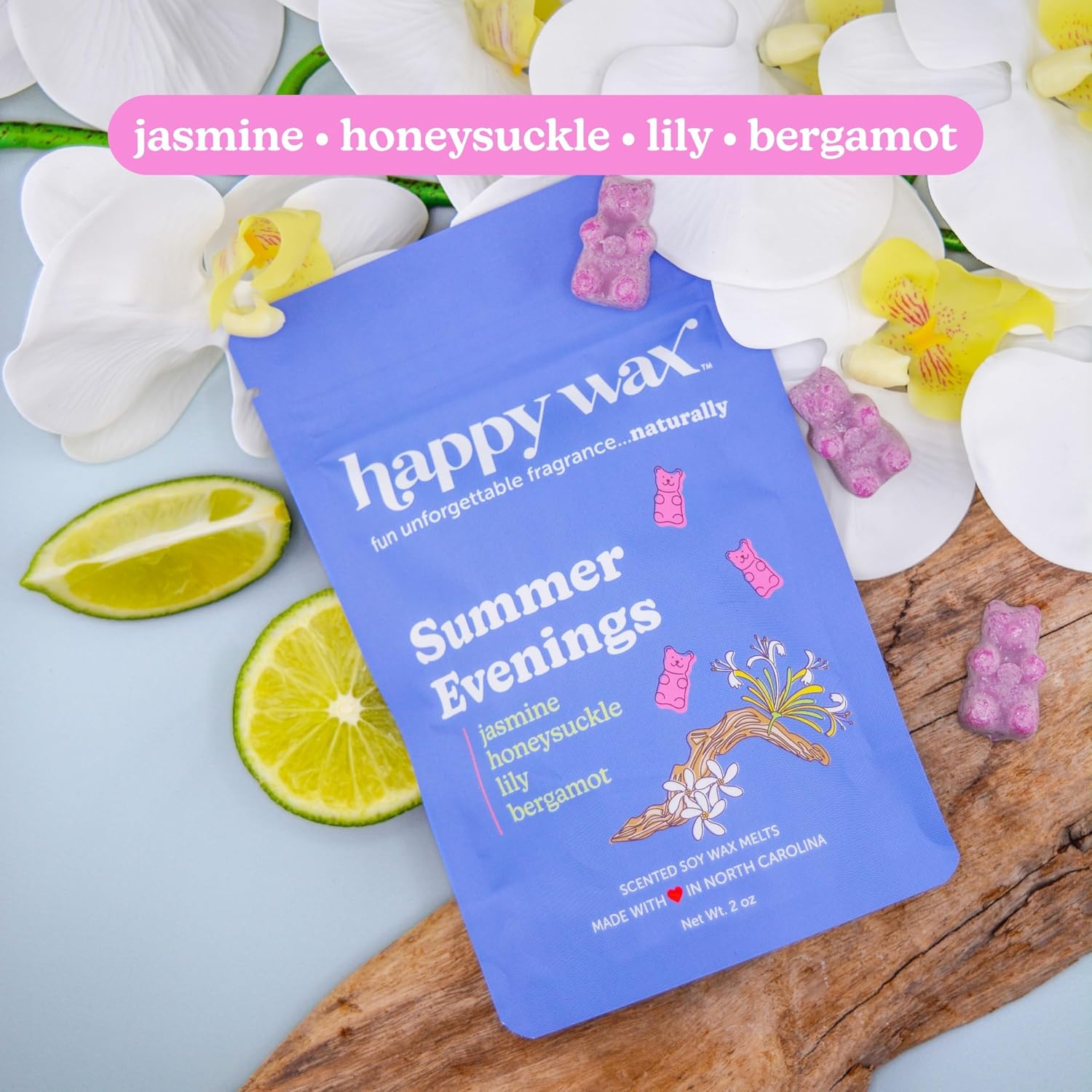 Happy Wax Floral Collection: Natural, Non-Toxic Scented Soy Wax Melts – Total 6oz Variety Pack: Summer Evenings, Lilac Petals, Wildflower Meadow