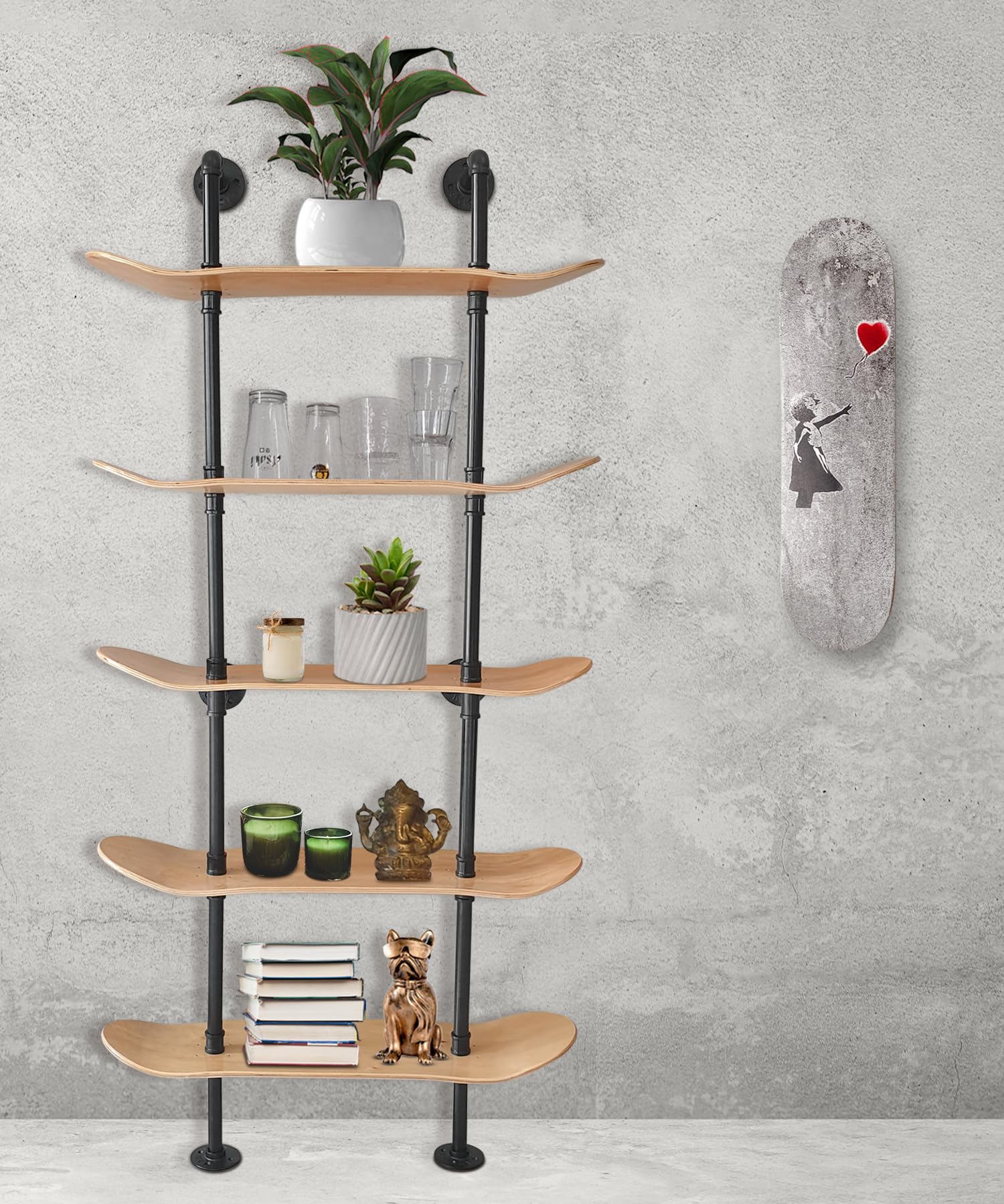 Estantes industriales – Estantería de tubería de decoración industrial de 5 niveles con cubiertas de patineta de 7 capas – Acabado de madera natural – Decoración de pared de baño, muebles de sala de 9