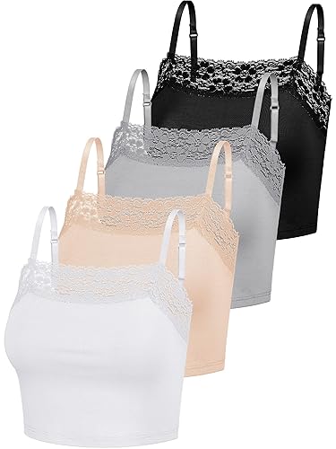 Pack of 4 Women's Camisole Crop Tops with Lace Trim Lace Cami Tops for Girls - XXL - Black, Gray, Beige, White