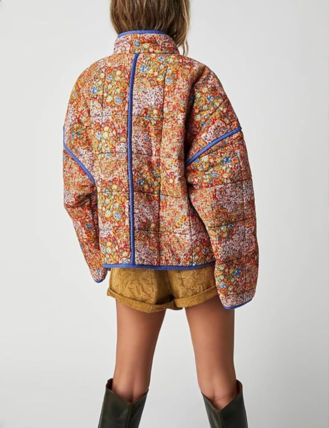 VAOYIU Women's Loose Retro Striped Quilted Jacket Stand Collar Cropped Puffer Outerwear Vintage Coat with Contrast Trim - Image 3