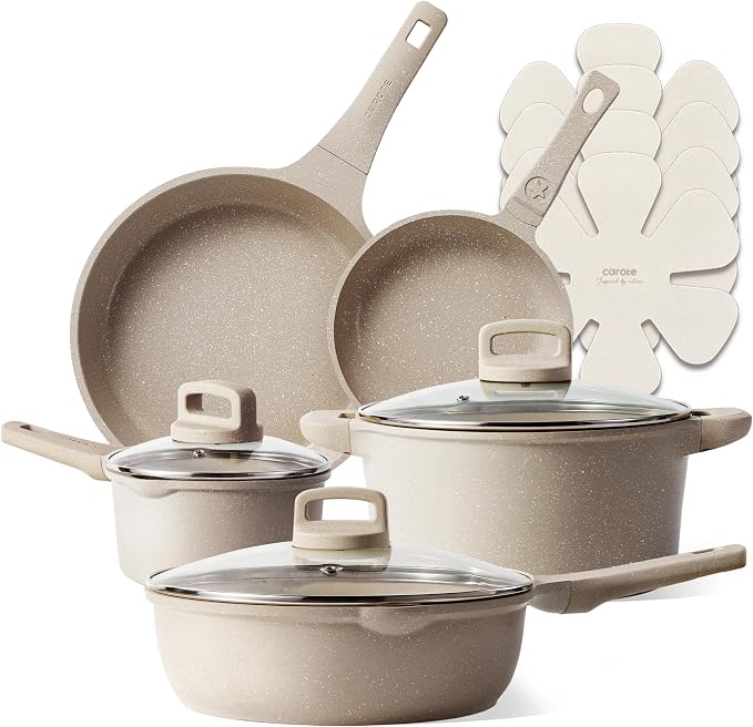 CAROTE 12pcs Pots and Pans Set Non Stick, Taupe Nonstick Cookware Set, Frying pans with lids, Kitchen Essentials Pot and Pan, Induction Cookware