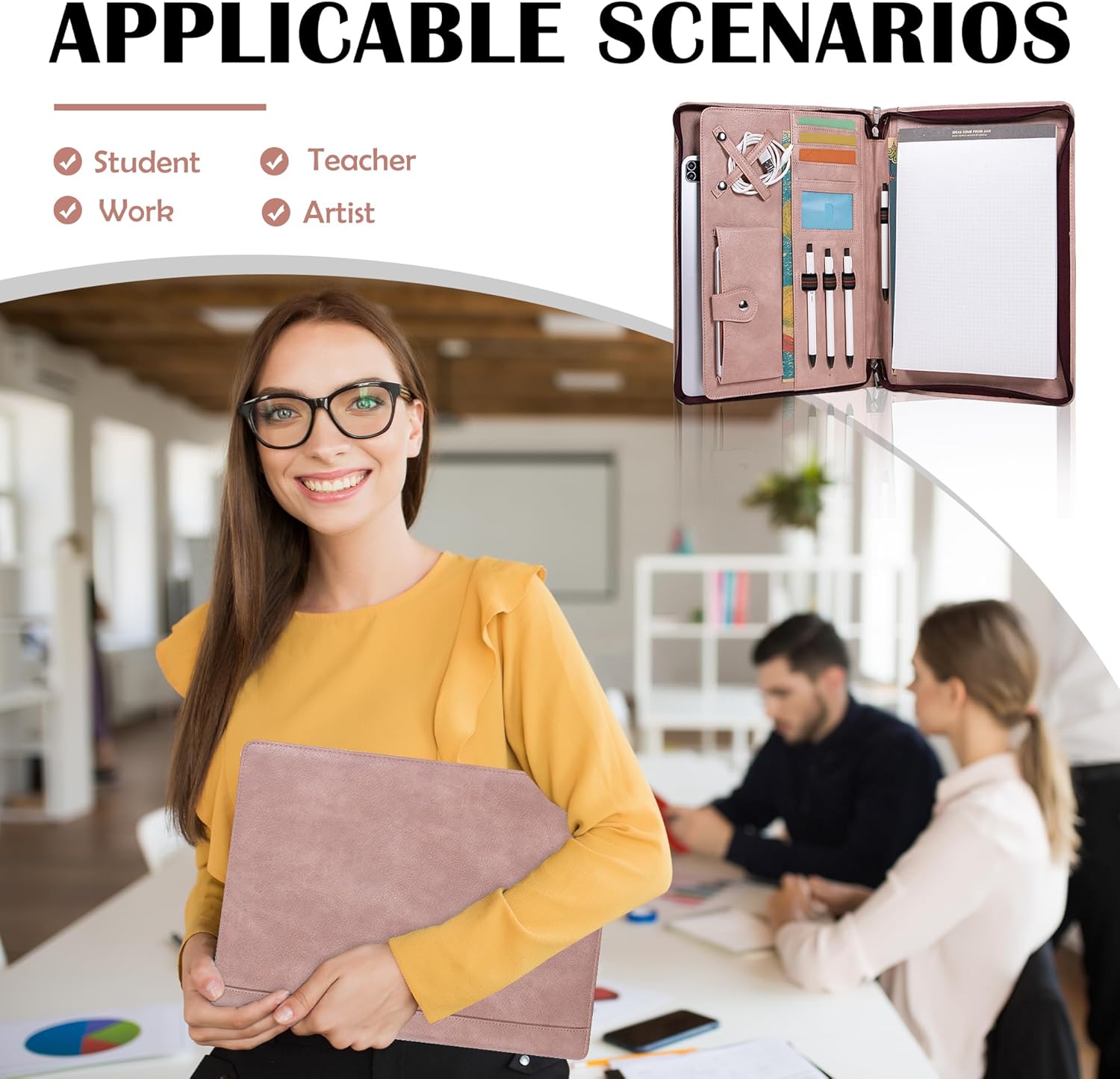 Link Luck Pink Portfolio Binder,3 Ring Binder with Zipper,PU Leather Padfolio with Zipper for Women, Professional Business Portfolio Organizer for Resume/Interview, A4 Letter Document Organizer