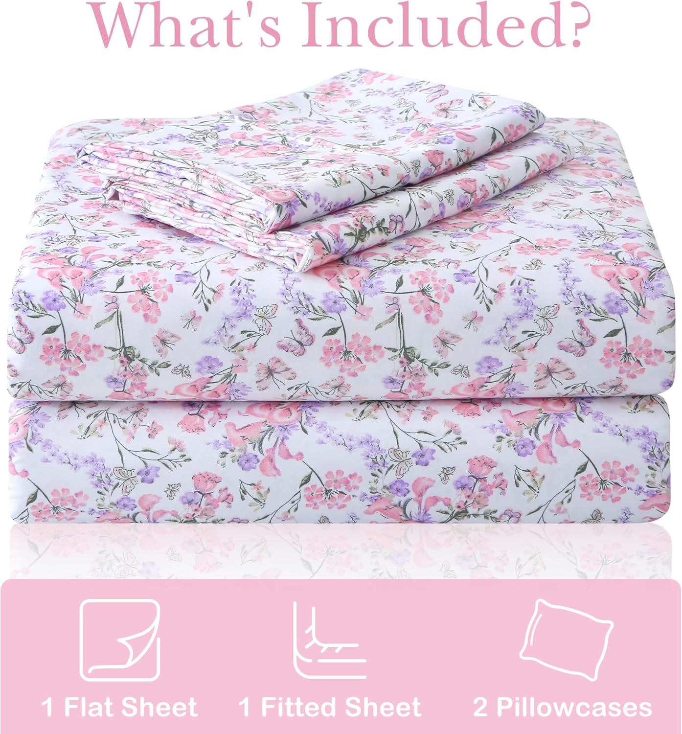 Mooreeke Cozy Vintage Microfiber Printed Queen Sheet Set - Soft Breathable Percale Cotton Floral Bed Sheets with Deep Pocket - Non-Slip Fitted Design - Pink Purple Flowers Pattern - Image 2