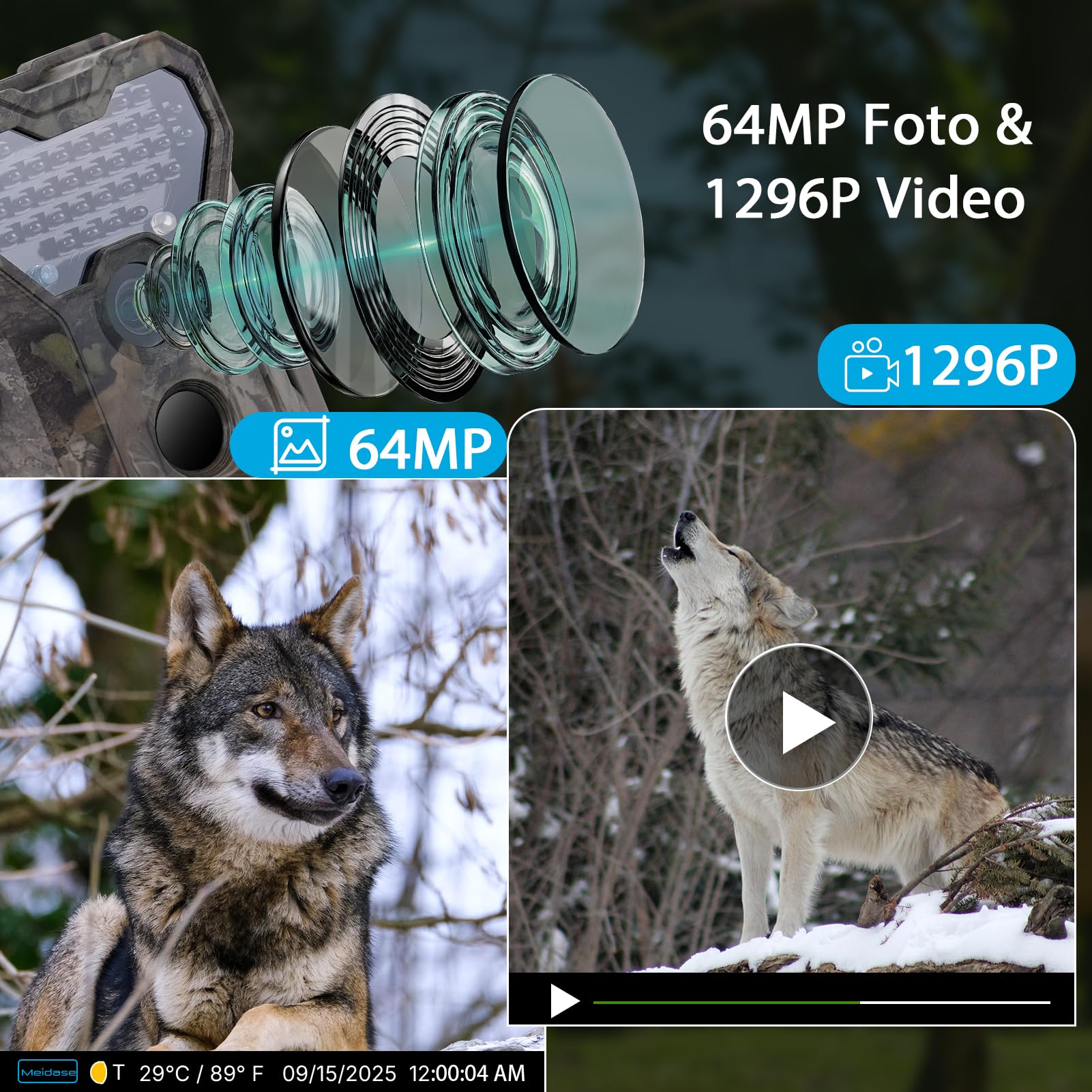 Meidase P300 Wildkamera, WiFi Bluetooth 50m Verbindungsreichweite, Dual Antenne, 64mp 1296p, Nachtsehen, Bewegungsaktivierung, Ip66 Wasserdicht, App Übertragung, Außenüberwachung