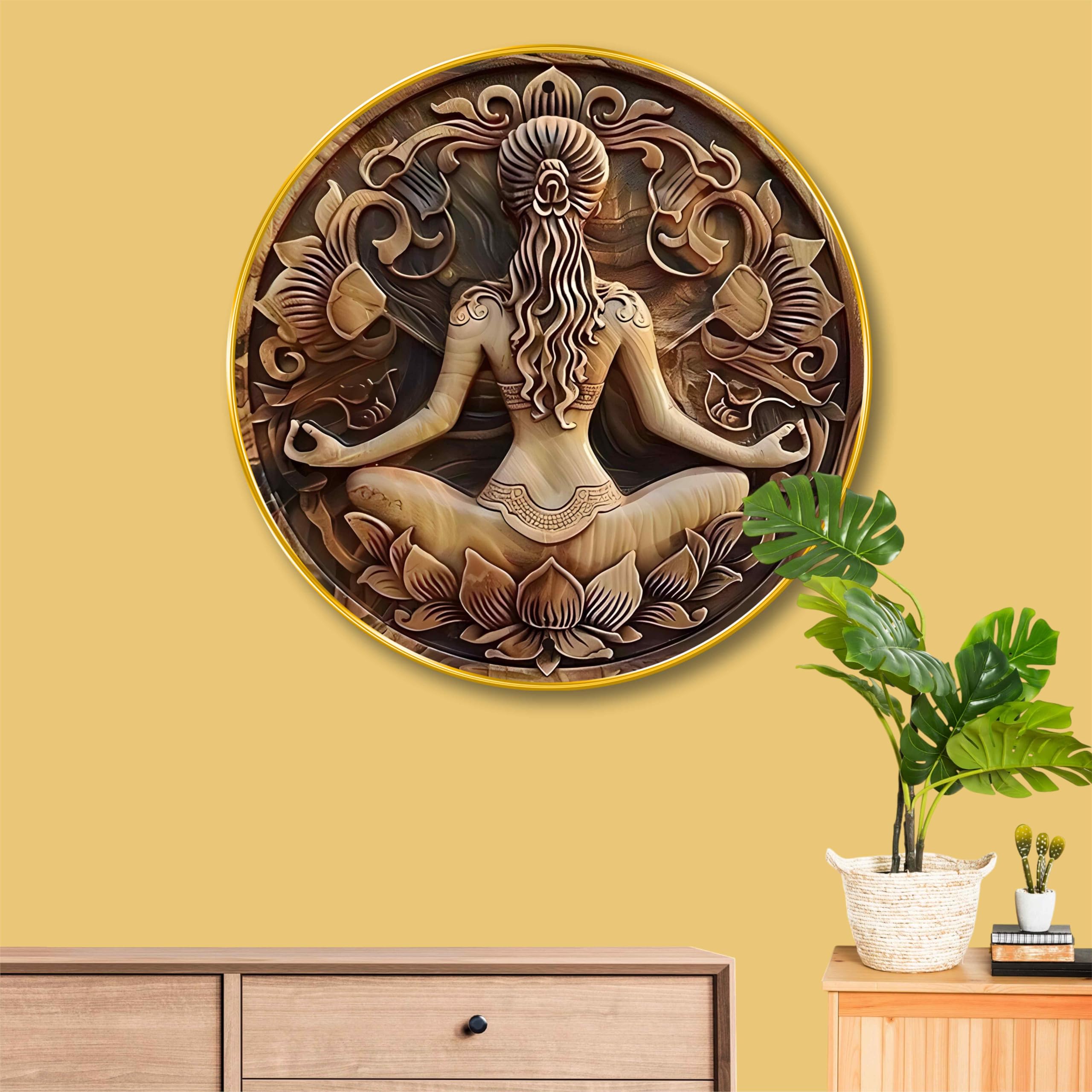 CW CRAFTS WORLD Meditation Yoga Round Wall Art 3D Embossed MDF Panel with Golden Rim Serenity Peace Spiritual Wall Decor for Home Yoga Room Meditation Space Zen Art Frame, 40x40cm-image-48