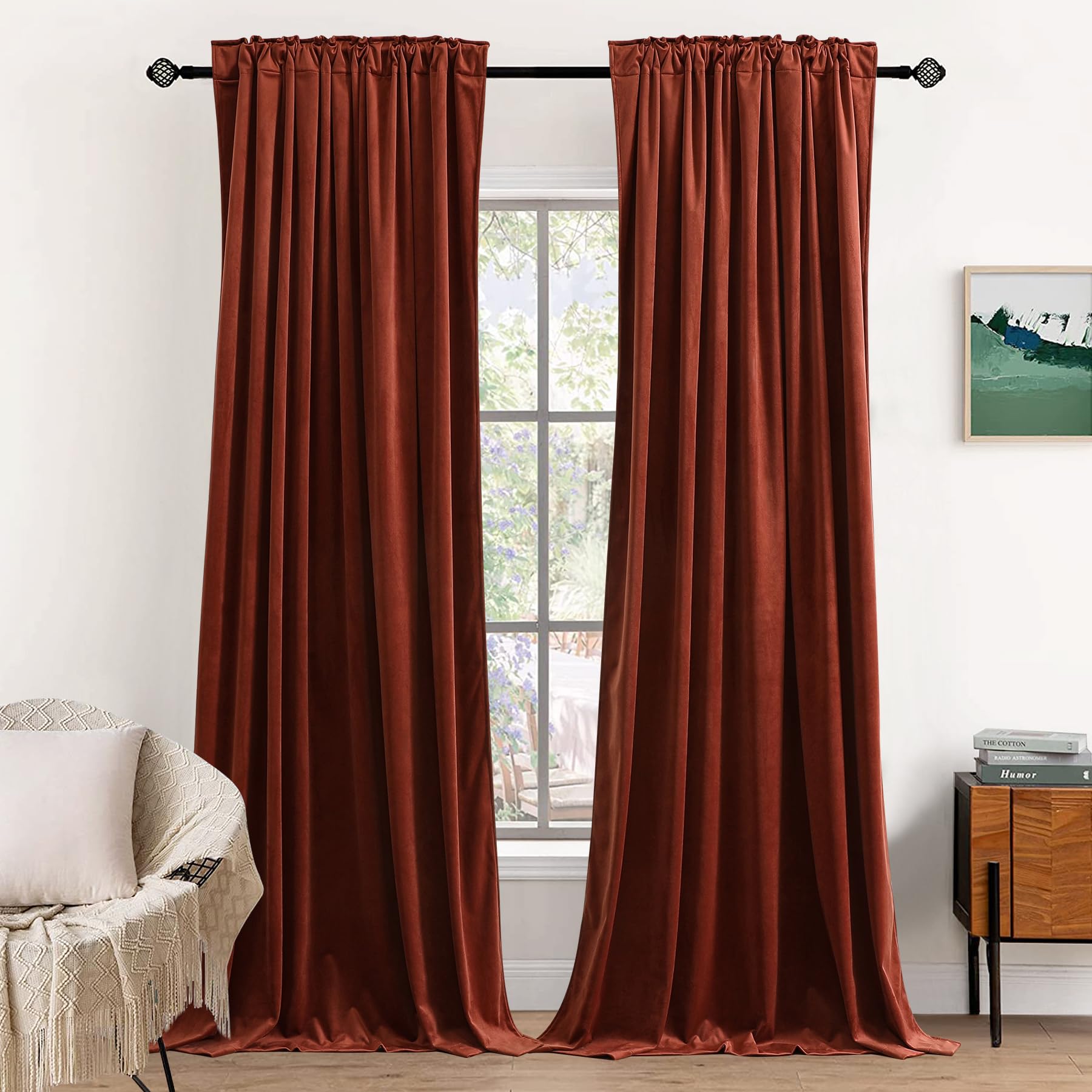 Burnt Orange Velvet Curtains for Bedroom Window, Super Soft Vintage Luxury Heavy Drapes, Room Darkening Rod Pocket Curtain for Living Room, W52 by L96 inches, 2 Panels