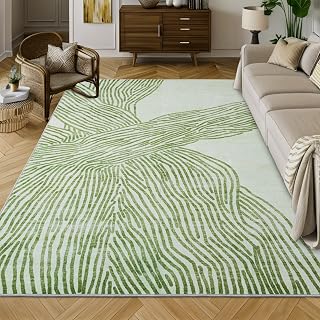 YIHOUSE Green Rug for Living Room, 5×7 Modern Abstract Area Rug, Geometric Contemporary Wave Striped Rugs for Playroom Nursery, Washable Nonslip Large Ultra-Thin Rug for Bedroom Dining Room