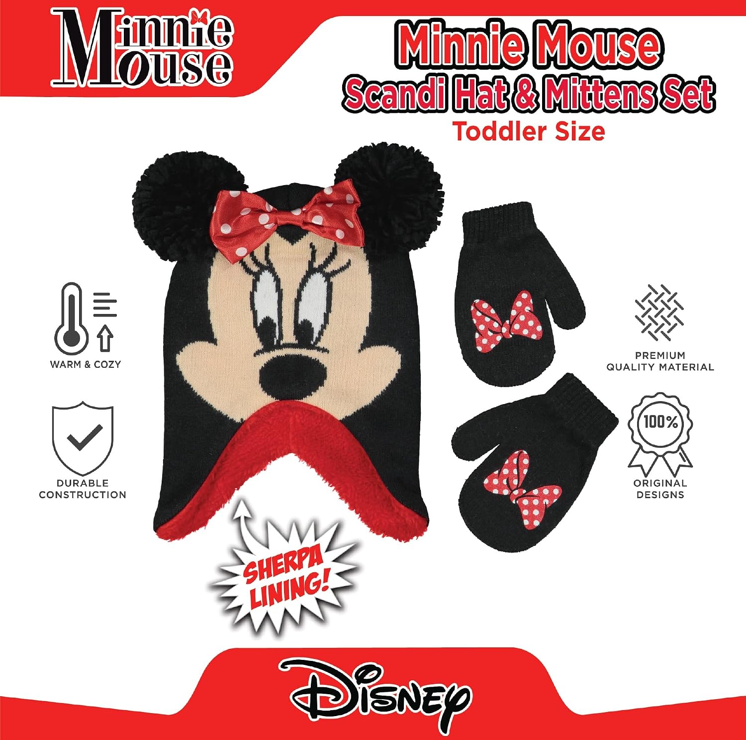 Disney Girls Toddler Winter Hat and Mittens Set Ages 2-4 Or Minnie Mouse Hat and Kids Gloves Set for Ages 4-7