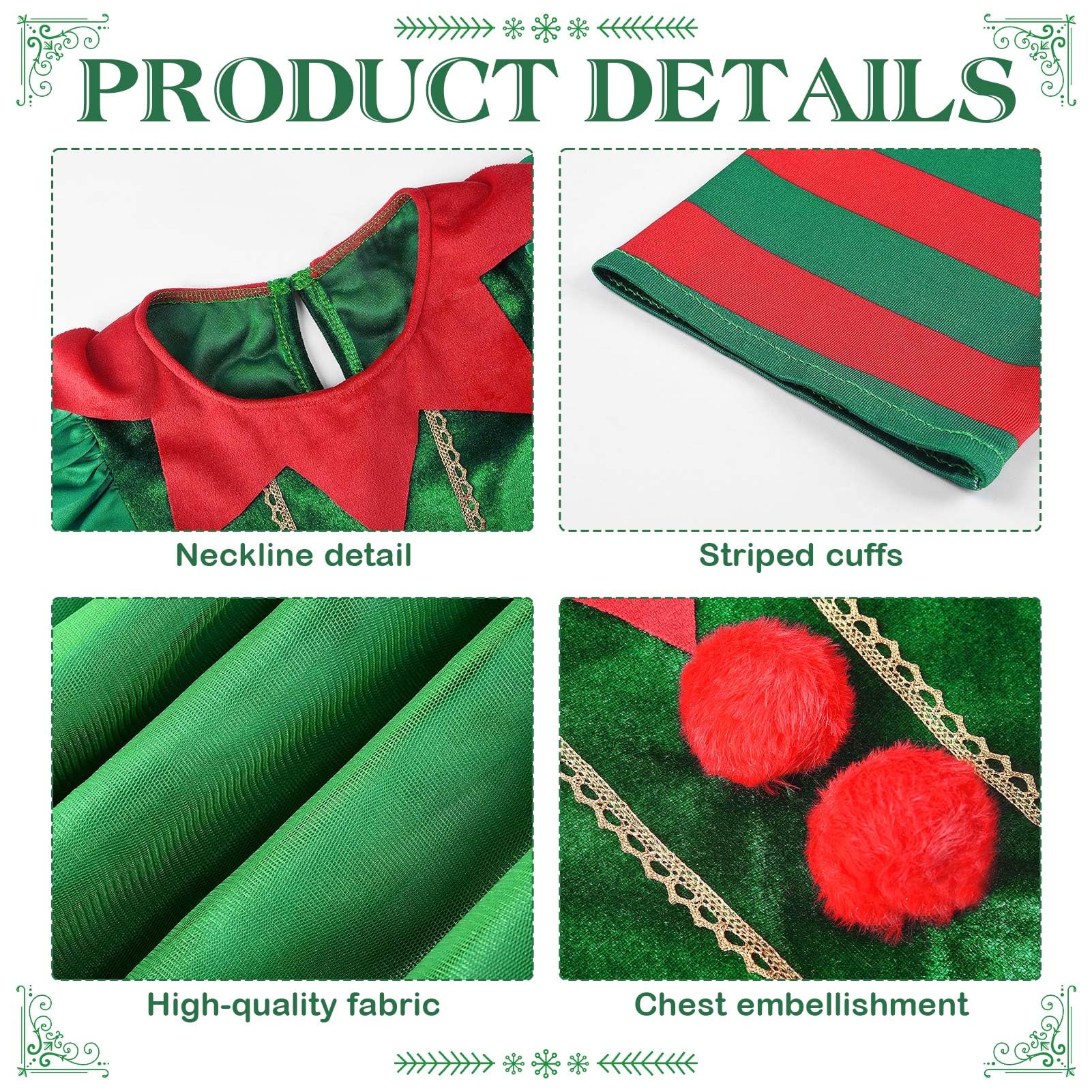 SERTAS Girls Christmas Elf Costume,Santa’s Little Helper Dress Set including Hat,Socks,Bell Bracelets,Bell Necklaces,Cane,Horn,Elf Earrings & Ears - Image 3