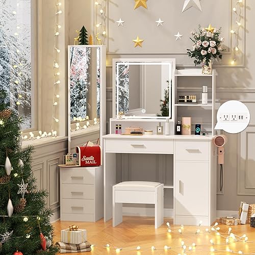 INTERGREAT Tocador de maquillaje con luces y espejo, escritorio de tocador blanco, tocador con cajones grandes, 3 modos de iluminación, espejo de
