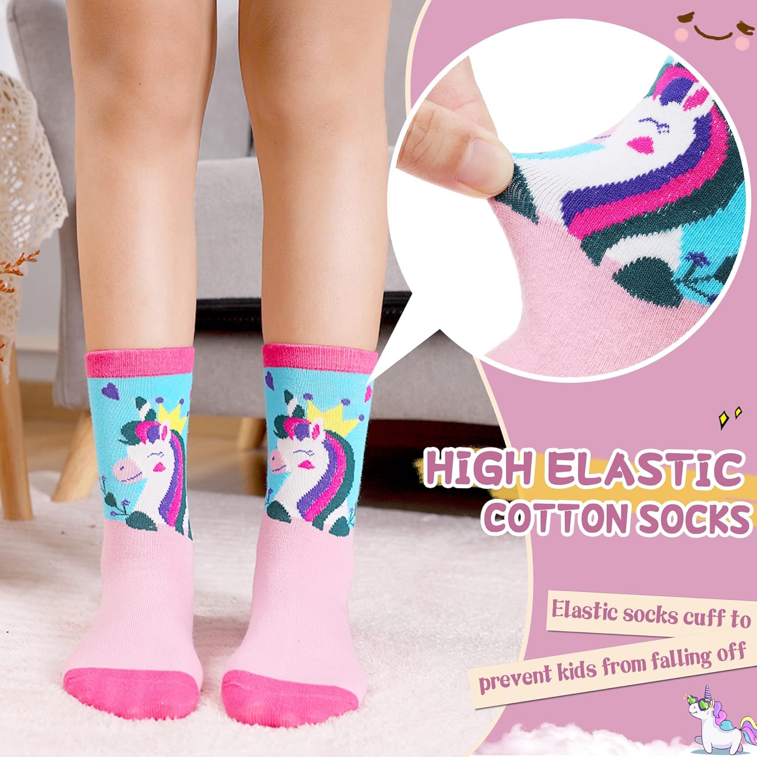 Girls Socks Unicorn Kids Crew Funny Cotton Cute Animal Novelty Cartoon Pattern Fashion Crazy Socks 6 Pairs - Image 3