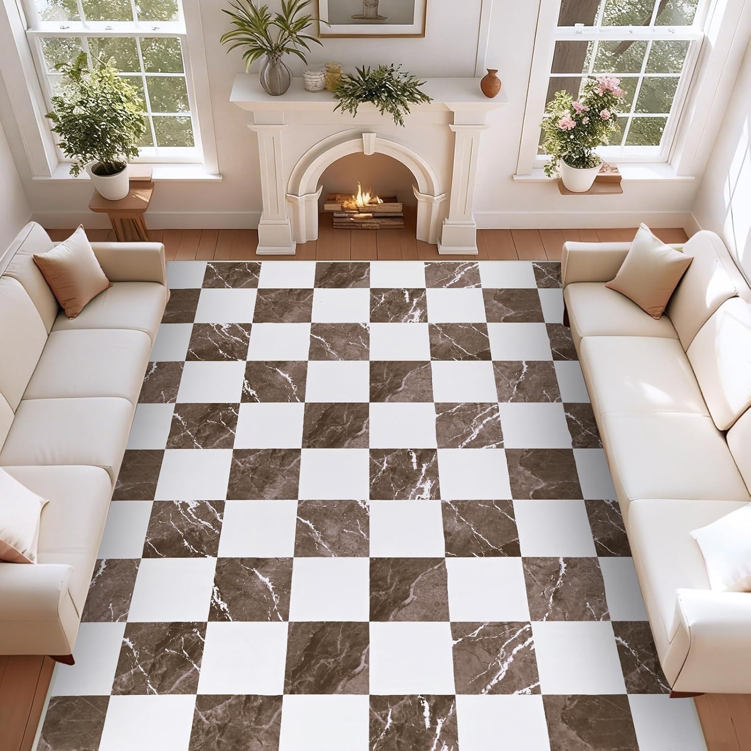 Yinhua Checkered Washable 8x10 Area Rugs for Living Room, Neutral Non Slip Area Rugs for Bedroom, Classic Geometric Large Throw Rug Soft Brown Marble Plaid Carpet Rug for Nursery Playroom Dining Room