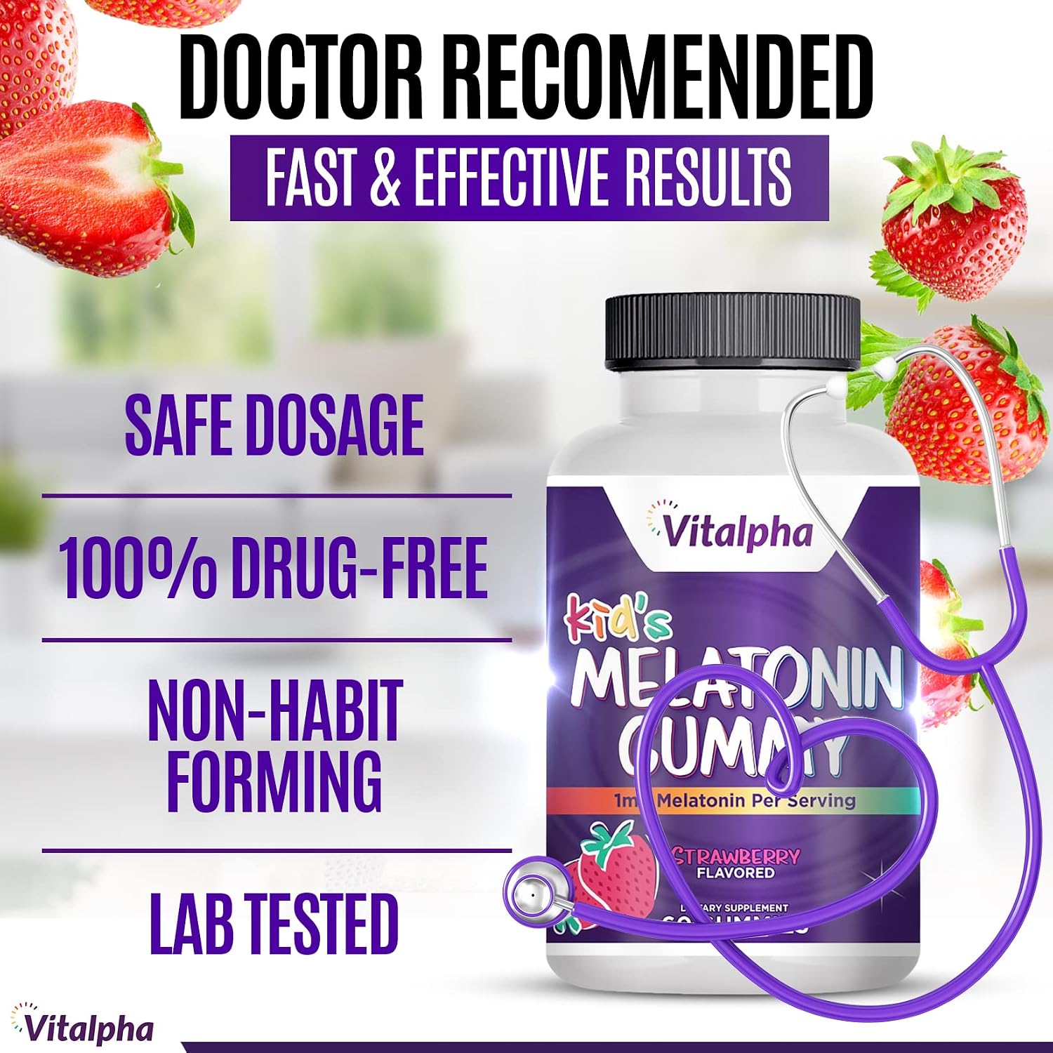 VITALPHA Melatonin Gummies – Tasty Sleep Aid Gummies for Kids – Melatonin 1mg Candy for Sleep Support – Natural and Vegan Sleeping Aid Gummies with Delicious Strawberry Flavor – 60pcs