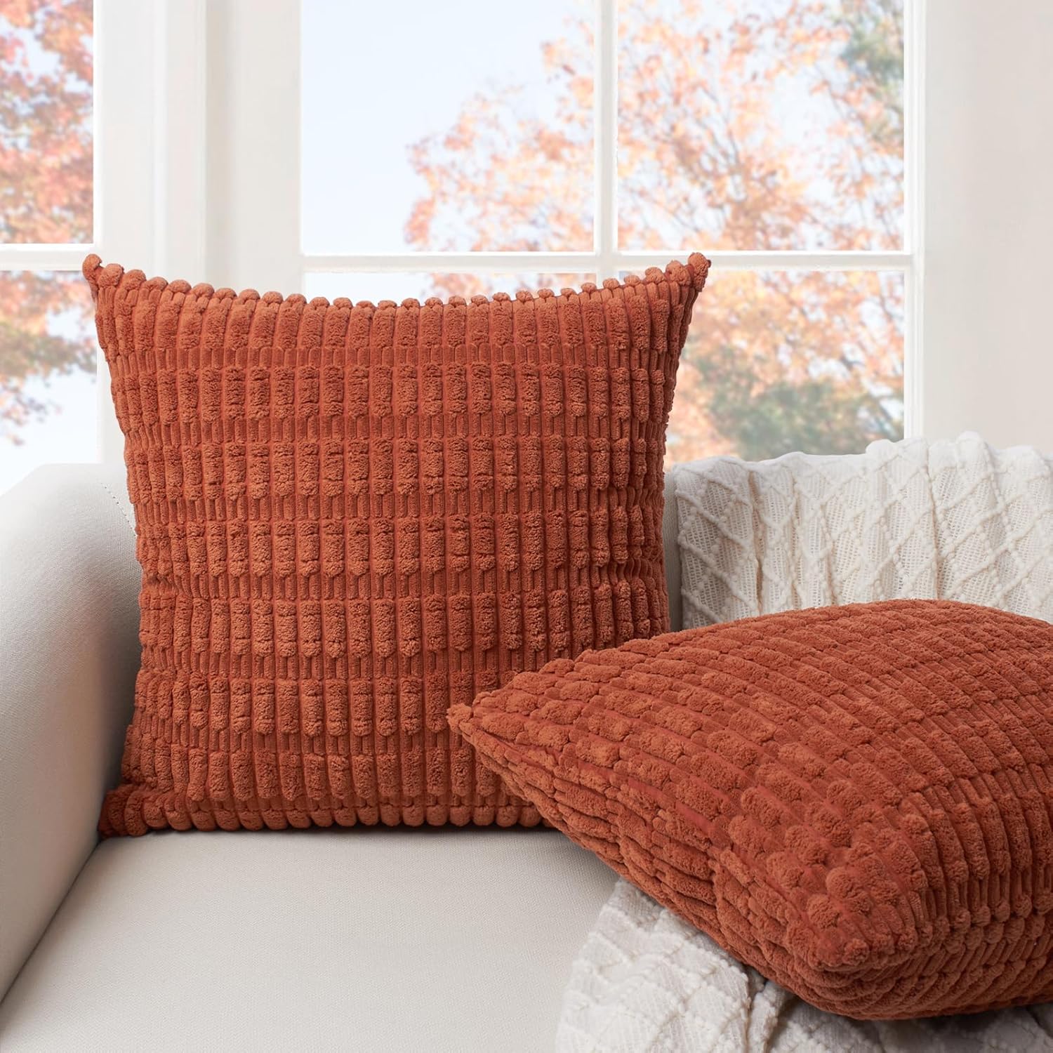 Softalker Fall Throw Pillow Covers 22x22 Inch, Set of 2, Corduroy Soft Striped Farmhouse Boho Pillow Cover, Modern Decorative Cushion Pillow Case for Couch Sofa Bedroom Living Room(Burnt Orange)