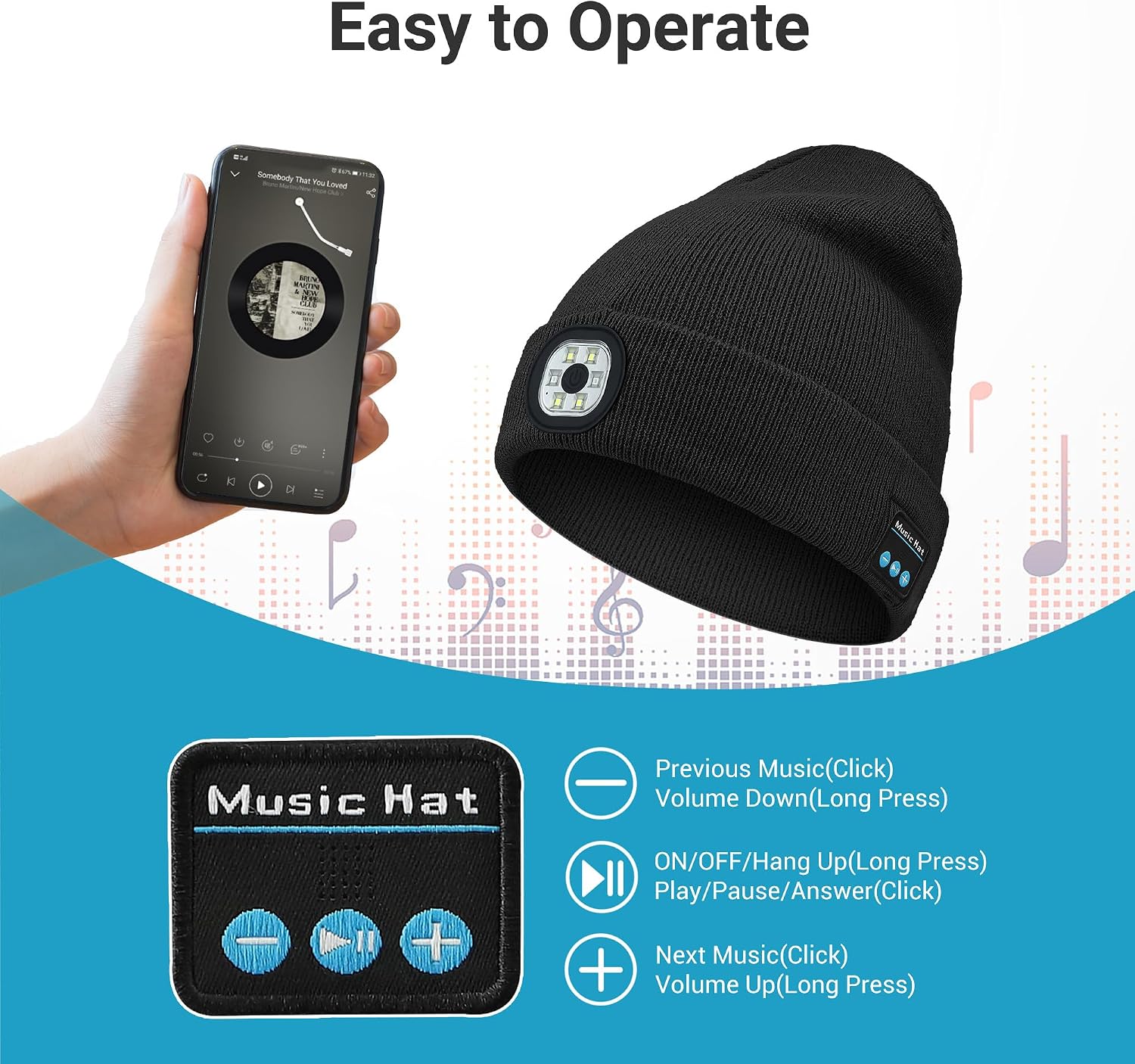 Bluetooth Beanie with Light, LED Beanie with Built-in Speaker and Microphone, Unique Gifts for Men Women