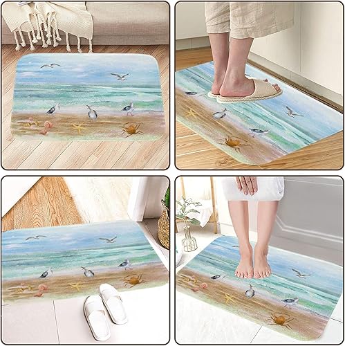 Miniatura 5 de Tapete para puerta de playa de aves marinas, gaviotas, océano, playa, cangrejo azul claro, tapete de verano de 32 x 20 pulgadas, alfombra de felpa