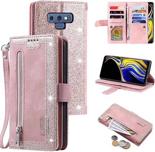 Furiet Compatible con Samsung Galaxy Note 9 - Funda tipo cartera para correa de muñeca con correa de muñeca, soporte para tarjetas de piel