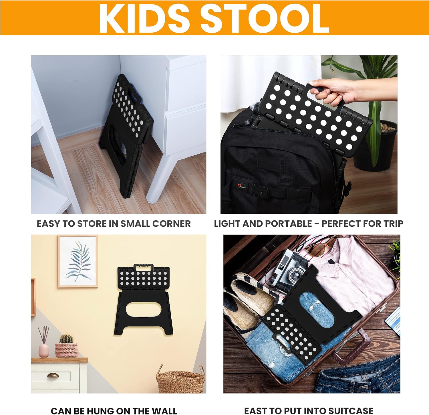 Utopia Home Folding Step Stool - (Pack of 1) Foot Stool with 11 Inch Height - Holds Up to 300 lbs - Lightweight Plastic Foldable Step Stool for Kids, Kitchen, Bathroom & Living Room (Black)