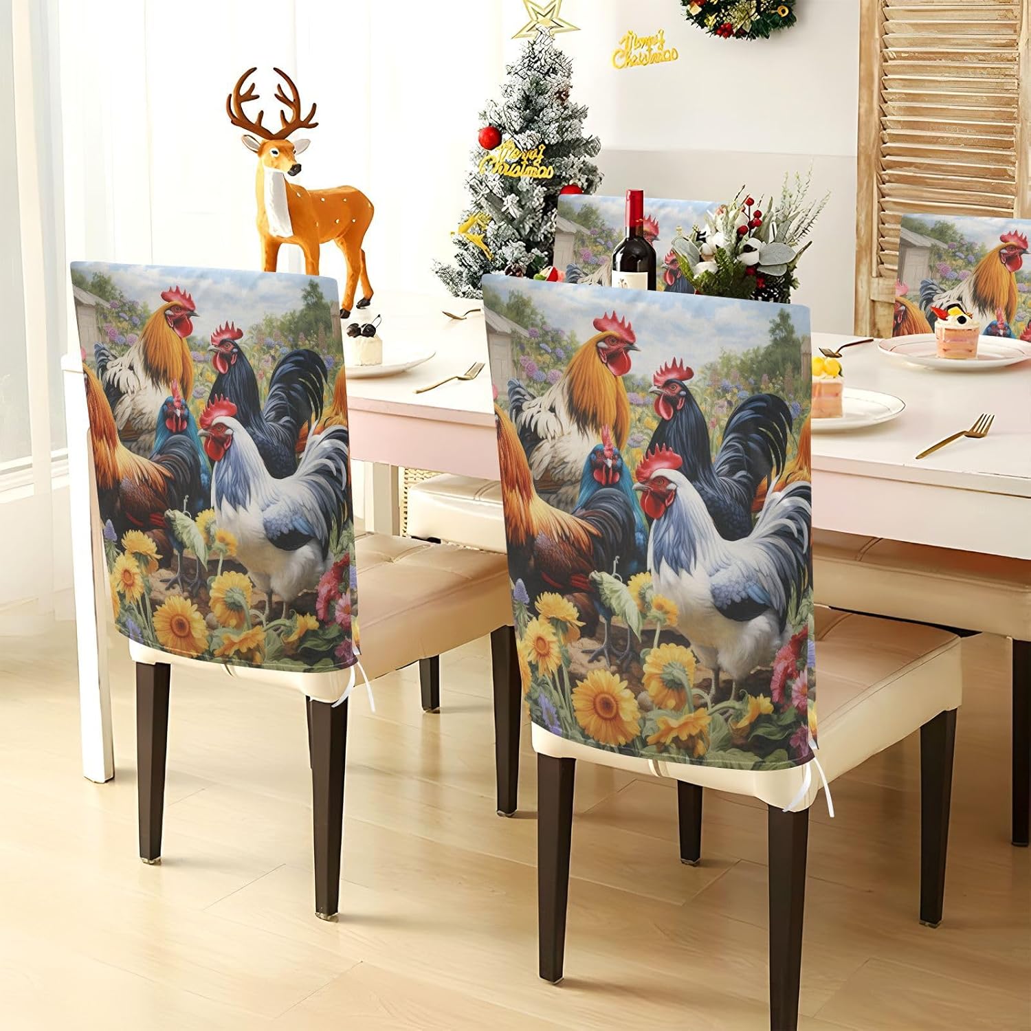 ALAZA Roosters in A Farm Chair Back Cover Set of 6, Washable Reusable Removable Chair Slipcovers Decorative Chair Cover for Home Kitchen Wedding Party