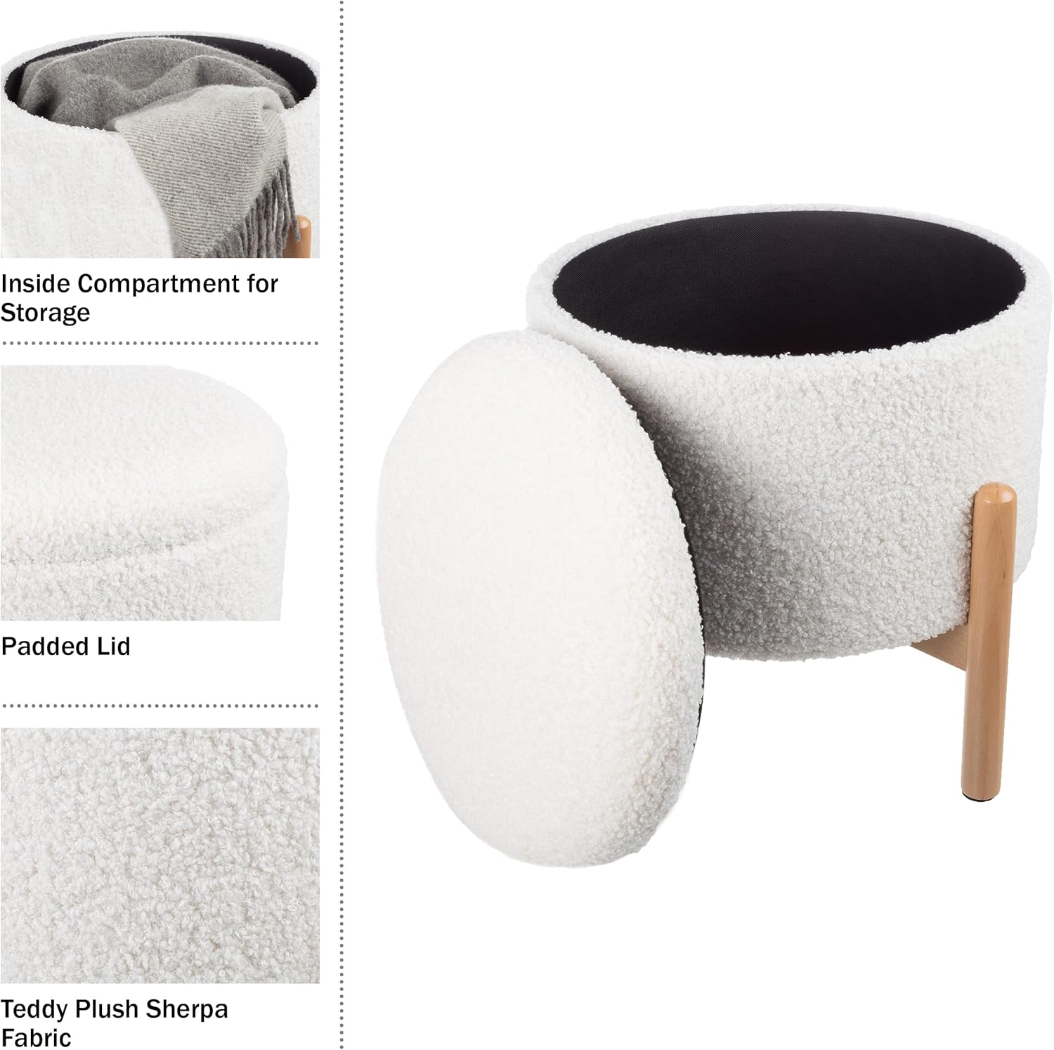 Lavish Home Round Sherpa Storage Ottoman Pouf with Removable Lid – Plush Couch Footrest & Hidden Organizer for Small Spaces, Dorm or Living Room (White)