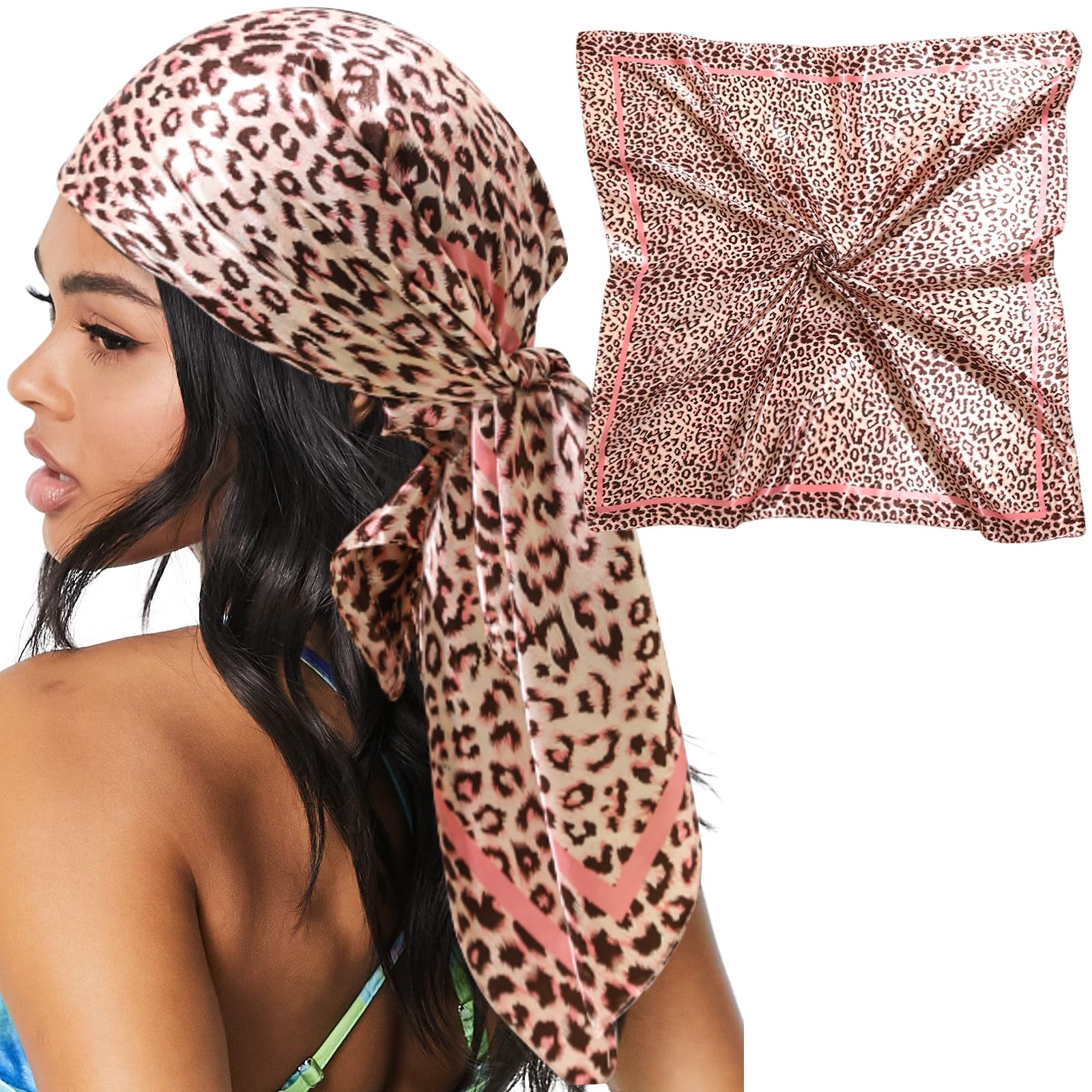Bufanda grande de satén para la cabeza de 35 pulgadas para mujer, bufanda de seda para el cabello, pañuelo de color sólido para el cabello nocturno para dormir, Leopardo (rosa), Grande