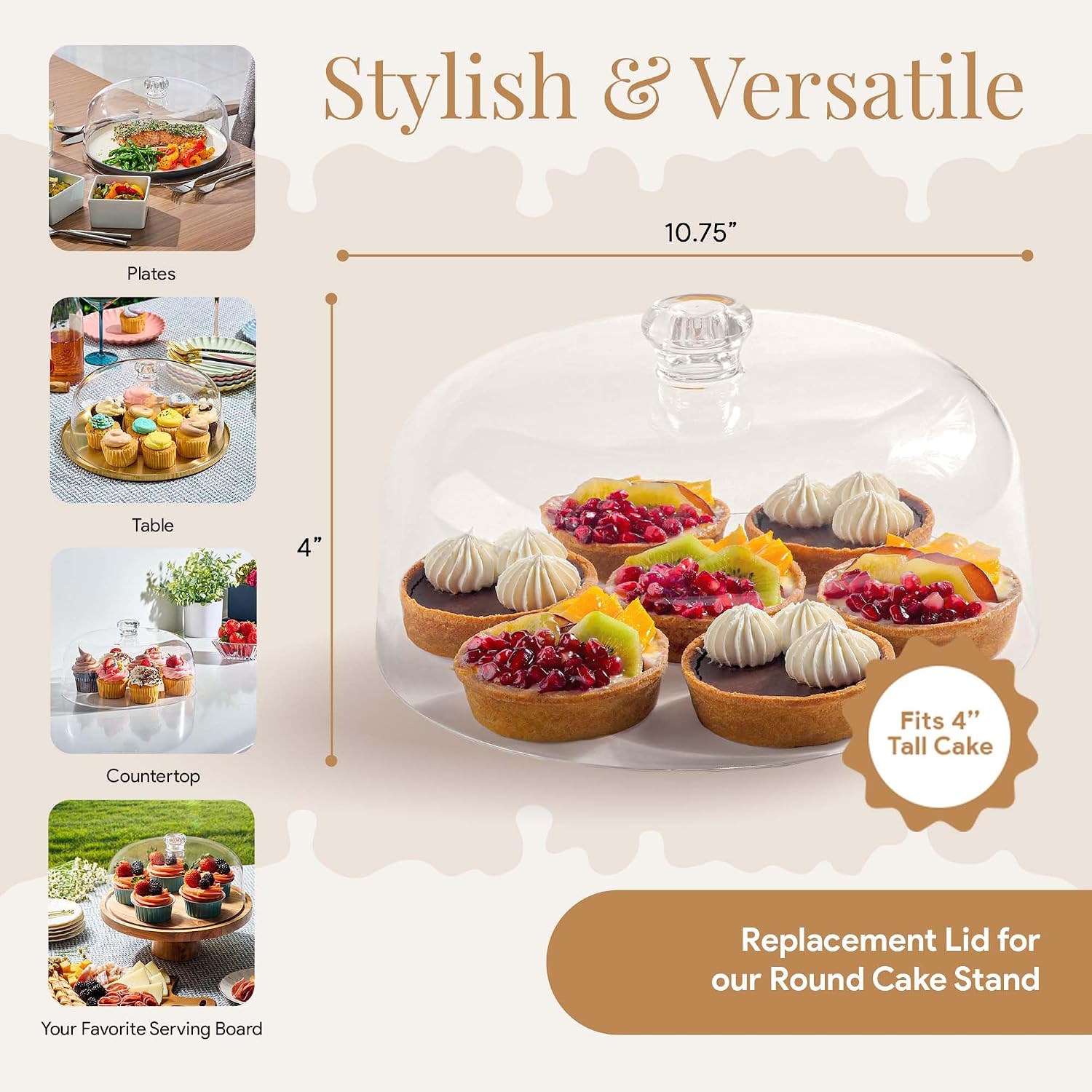 HOMESPHERE Acrylic Cake Cover – 10.75 Inch Cake Dome, Shatterproof, Lightweight Plastic Lid for Round Stands, Plates, Charcuterie Boards, Food Serving Trays and Platters, No Glass, 4 Inches Tall