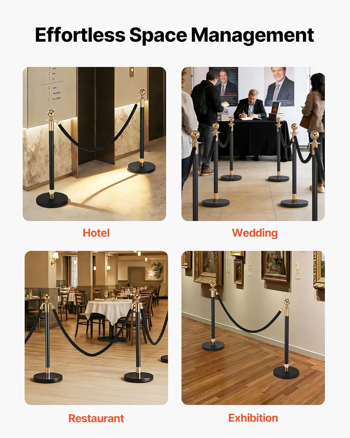 VEVOR 4 Pcs Black Velvet Stanchion Ropes, 5 ft Crowd Control Stanchion Black Velvet Ropes with Gold Hooks, Post Queue Barrier Carpet Rope for Carpet Events Movie Theaters Grand Openings Hotels Party