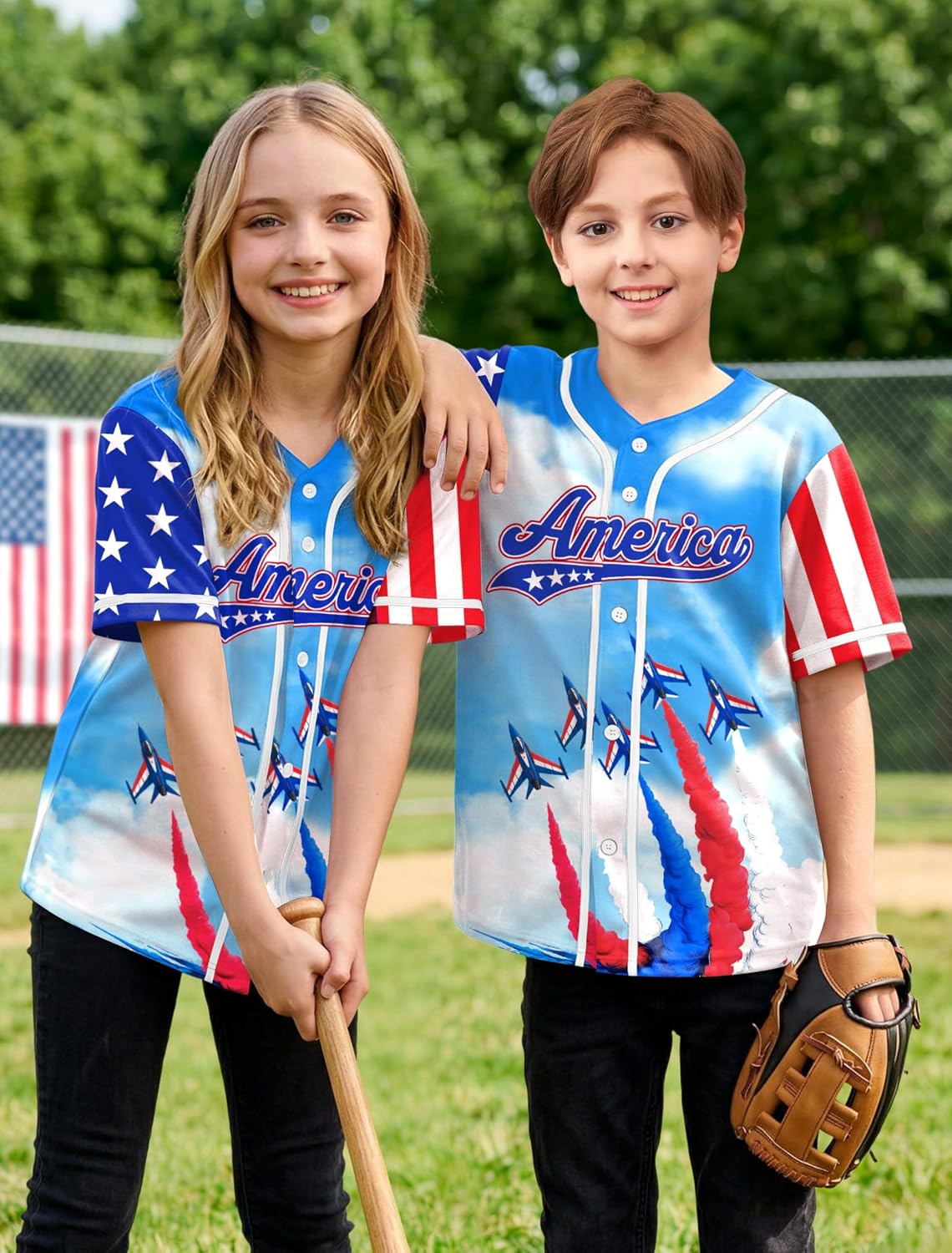 4th of July Kids Boys America Flag Patriotic Baseball Jersey USA Red White Blue Graphic Tee Shirt 6-14 Years