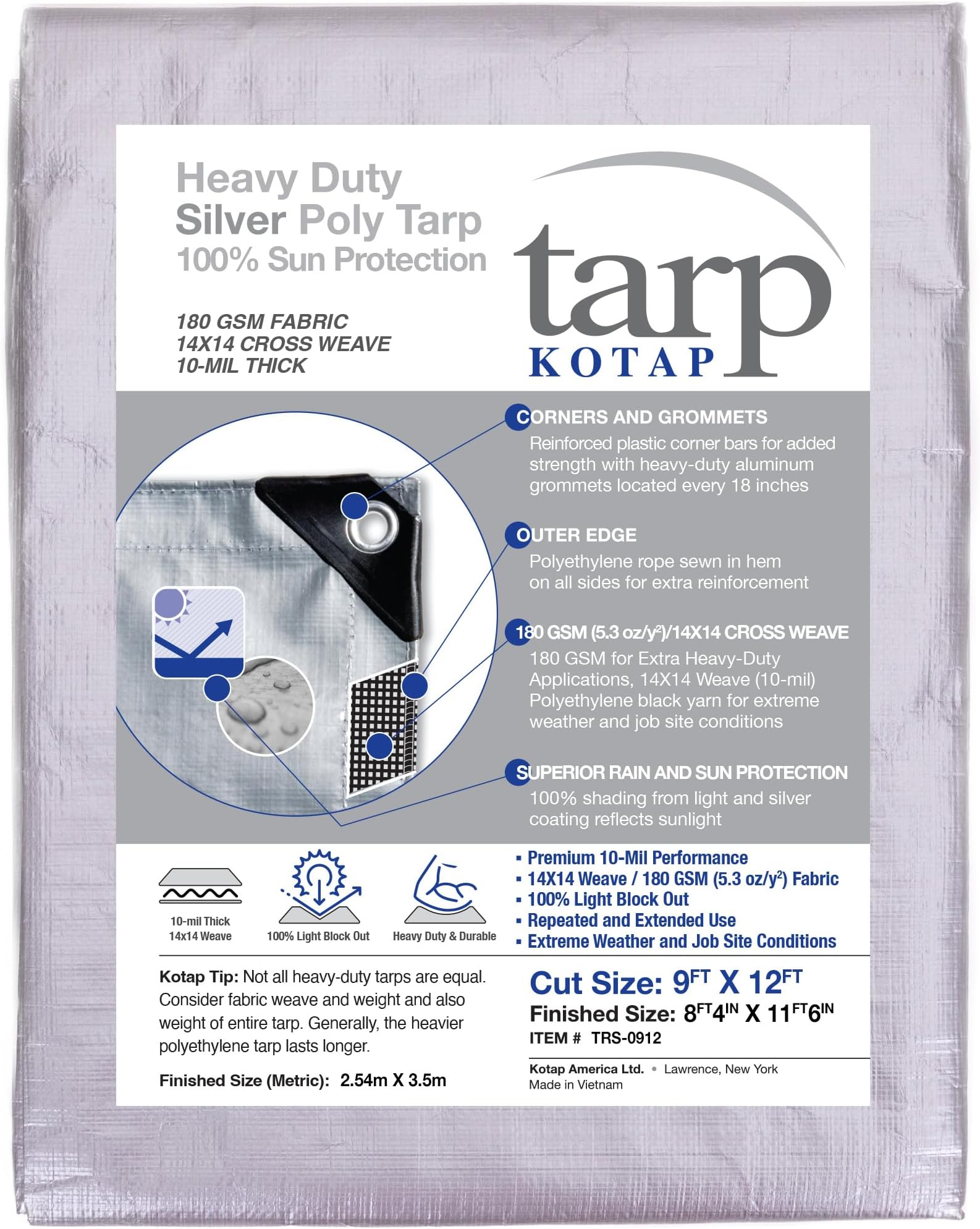 Kotap 9-ft x 12-ft Heavy-Duty 14 by 14 Cross Weave UV Blocking 10-mil Silver Poly Tarp, Item: TRS-0912