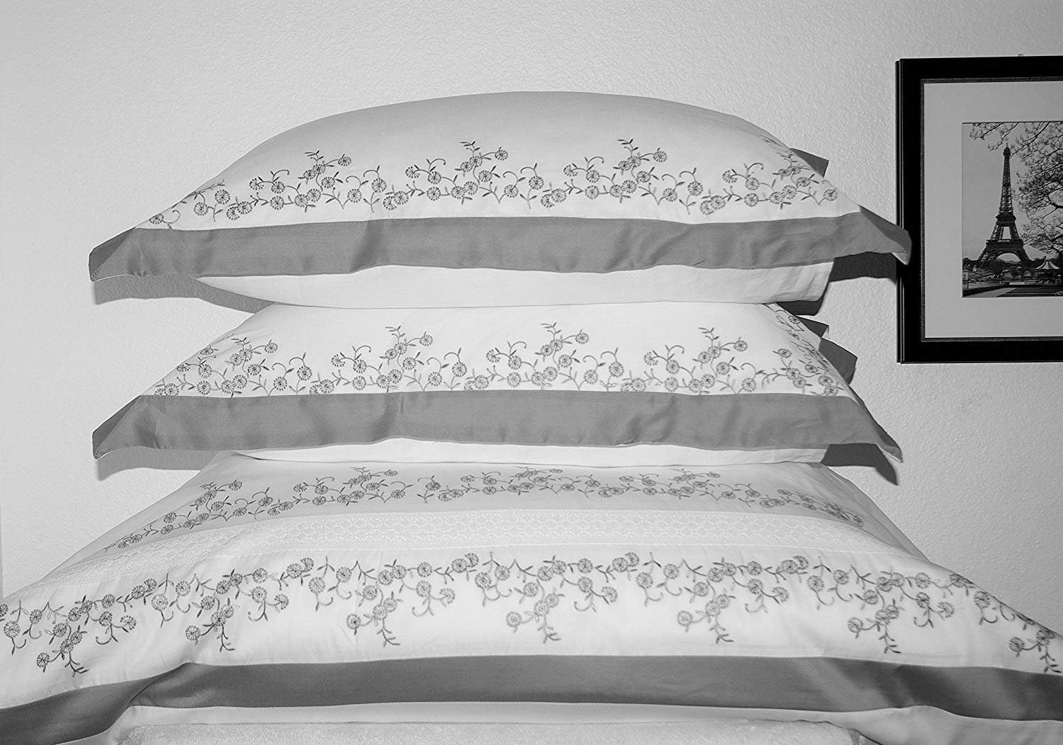 sheetsnthings Luxury Grey with White Embriodered Amalia 3-Piece King/Cal King Duvet-Cover-Set 100% Cotton- Hidden Button Closure