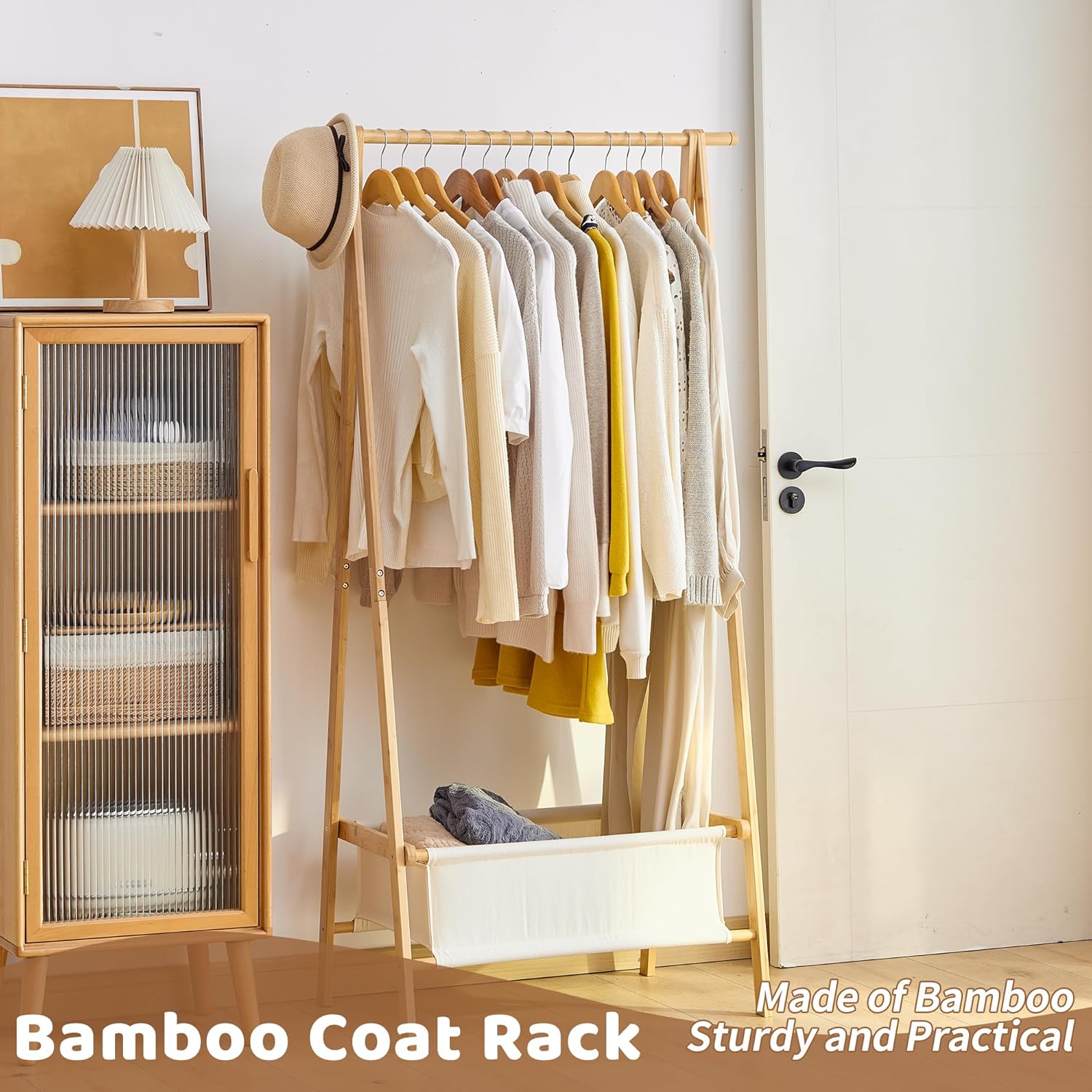 FILWH Bamboo Clothes Rack with Storage Box Foldable Garment Holder Coat Rack Freestanding Coat Stand Child Clothing Stand for Hanging Coat Dress up Racks (Natural, Large)