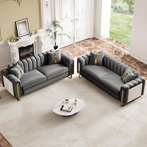 Luxury Velvet Chesterfield 3-Seater Sofa Set with Removable Cushions and Gold Le