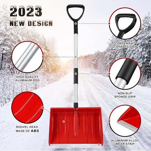 Miniatura 5 de Pala de nieve portátil grande para entrada pala ligera para motos de nieve con mango de aluminio eliminación de nieve ancha color rojo