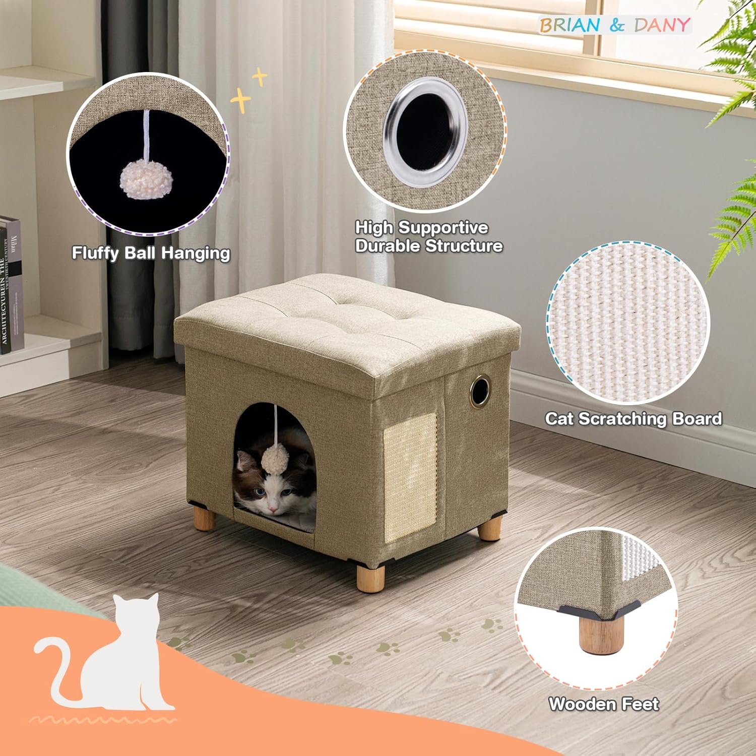 BRIAN & DANY Foldable Cat House, Cat Cave, Cat Cube with Scratch Board & Ball, 14.7" x 14.1” x 12.7”, Light Khaki