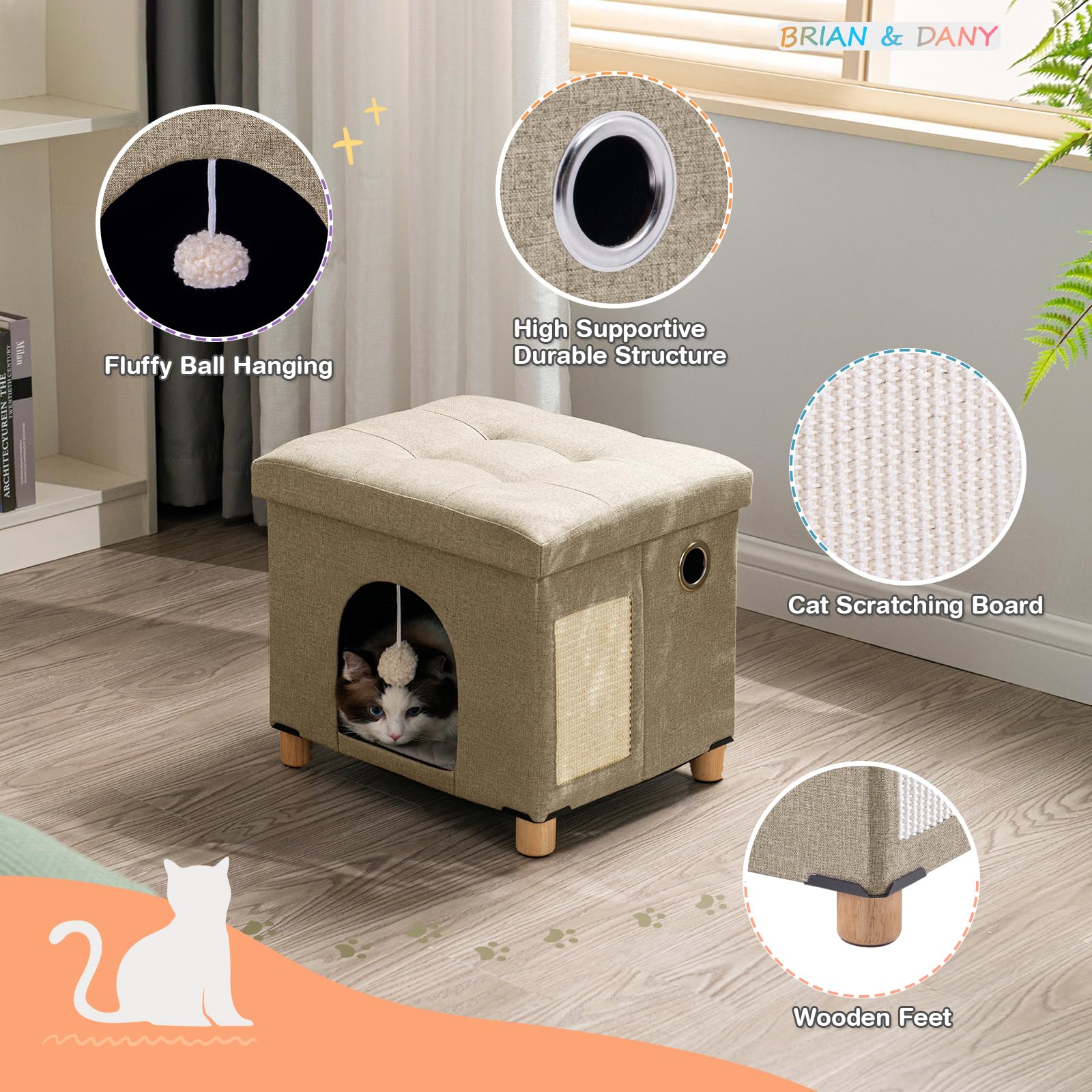 BRIAN & DANY Collapsible Cat Cave for Indoor Cats Multifunctional Cube Cat House with Cat Scratch Board & Ball - Image 4