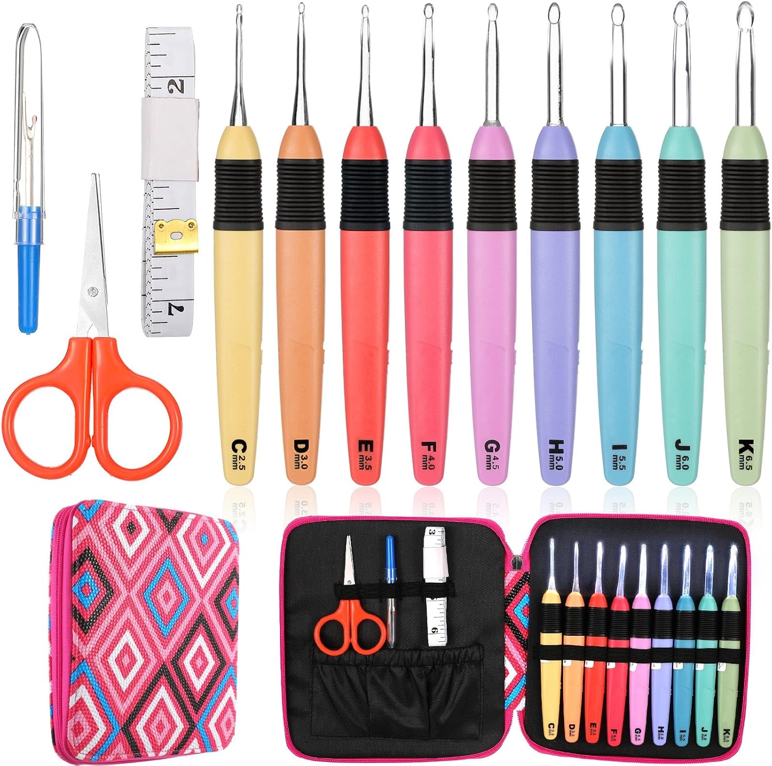 Chuangdi 13 Pcs Light up Crochet Hook Set Ergonomic Crochet Hooks with Case Tape Measure, Scissors, Seam Ripper for Craft Yarn Knitting Needles Sweater Hats Gloves, 2.5 Mm-6.5 mm