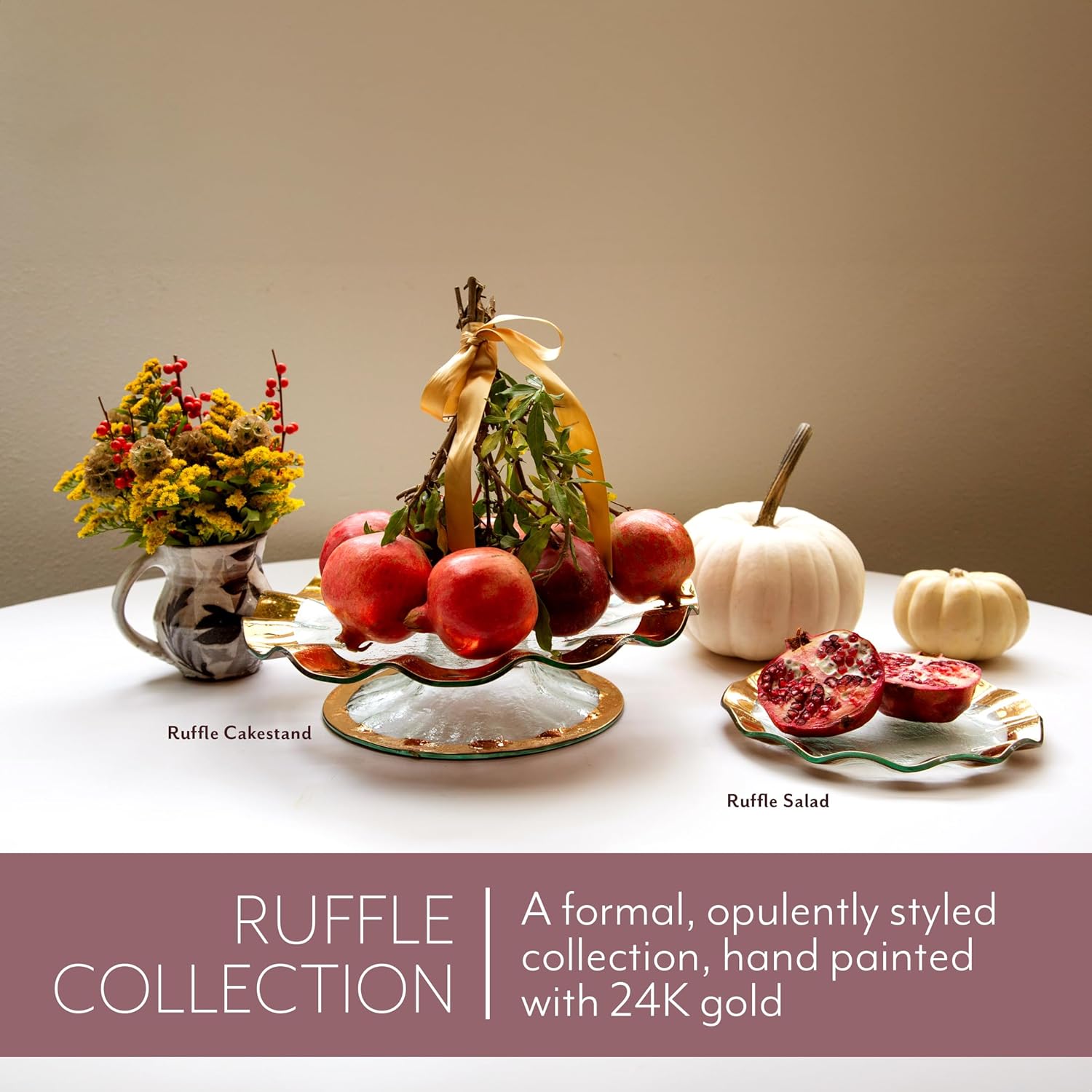 Annieglass Ruffle 14.75 Inch Round Chip and Dip Server with 24k Gold, Timeless Glass Tableware for all Occasions, Made in the USA