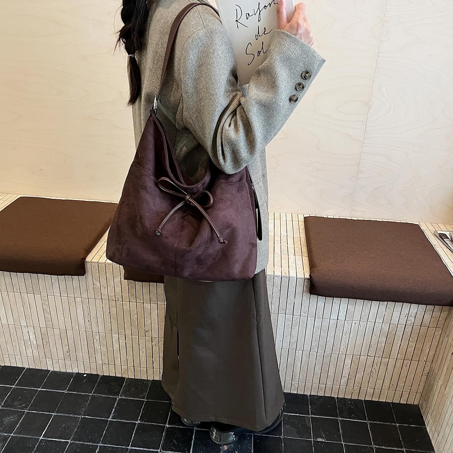 JQAliMOVV Suede Crossbody Bags for Women Trendy Vintage Bow Slouchy Bag Suede Slouchy Shoulder Bag Slouchy Hobo Purse - Image 2