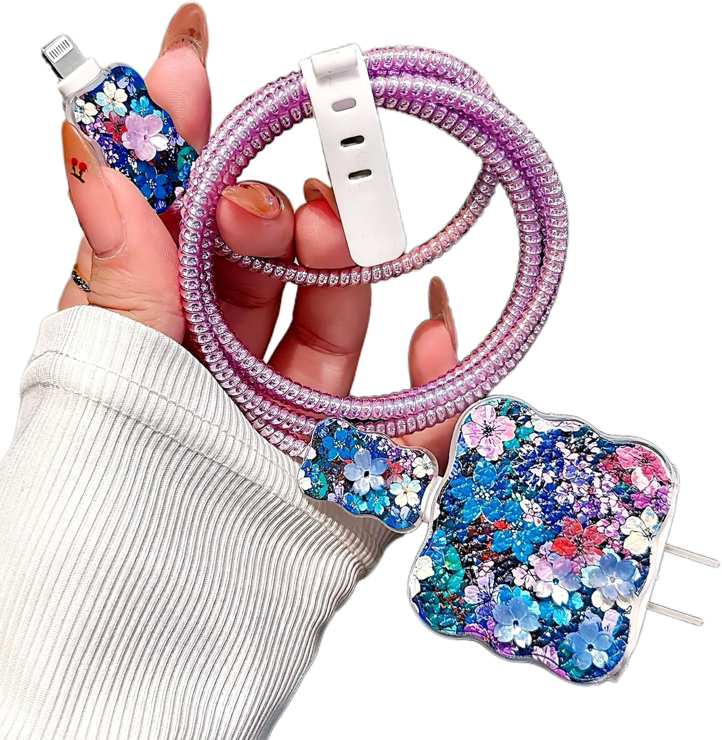Flower Garden Cable Protector for iPhone Charger,Cute Colorful Blossoms Design,Soft Charger Cover Charging Cord Protector,Wire Cord Saver for iPhone 14 15 16 Pro Max-Purple