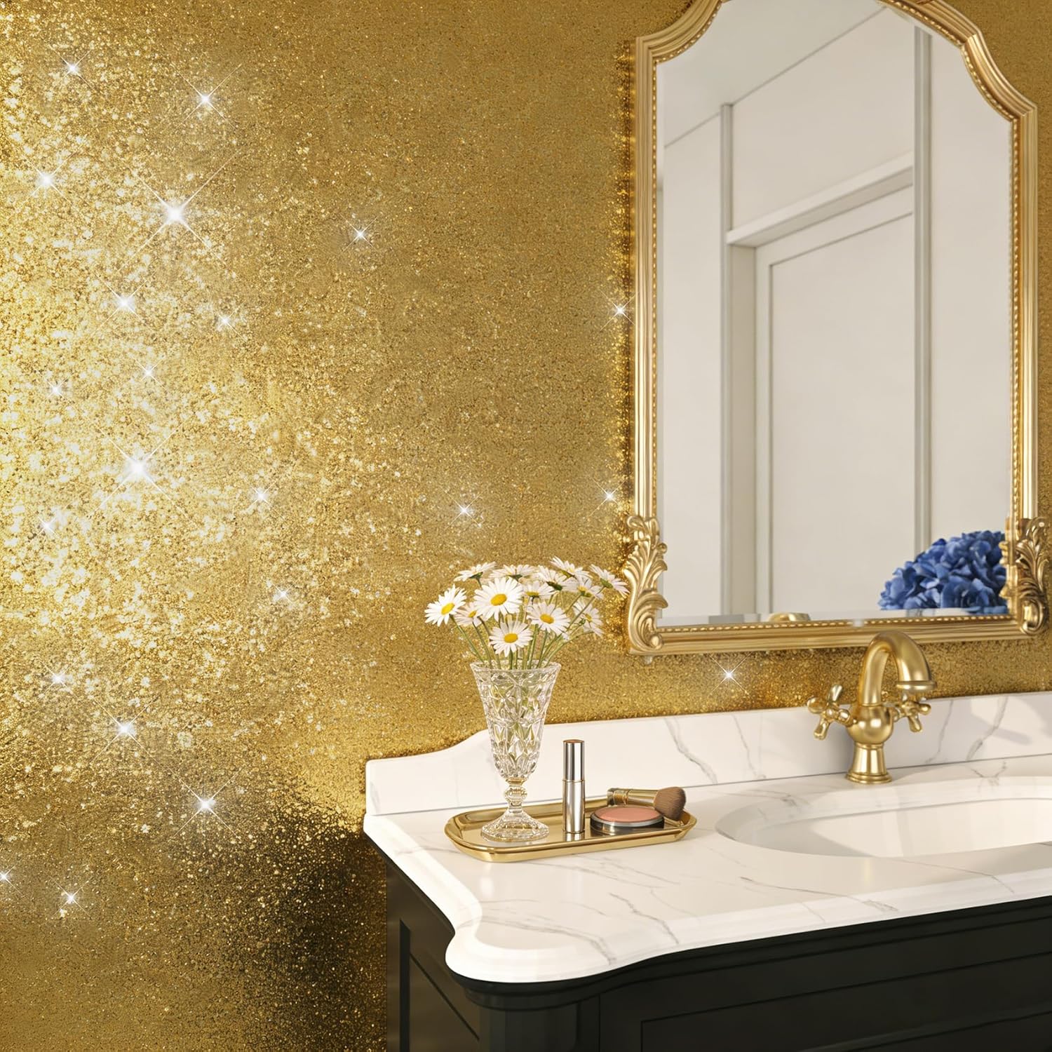 Livelynine 15.8x197 Gold Glitter Contact Paper Peel and Stick Textured Shiny Gold Contact Paper for Cabinets Decorative Yellow Glitter Vinyl Fabric Luxury Wallpaper for Bathroom Dining Room Accents