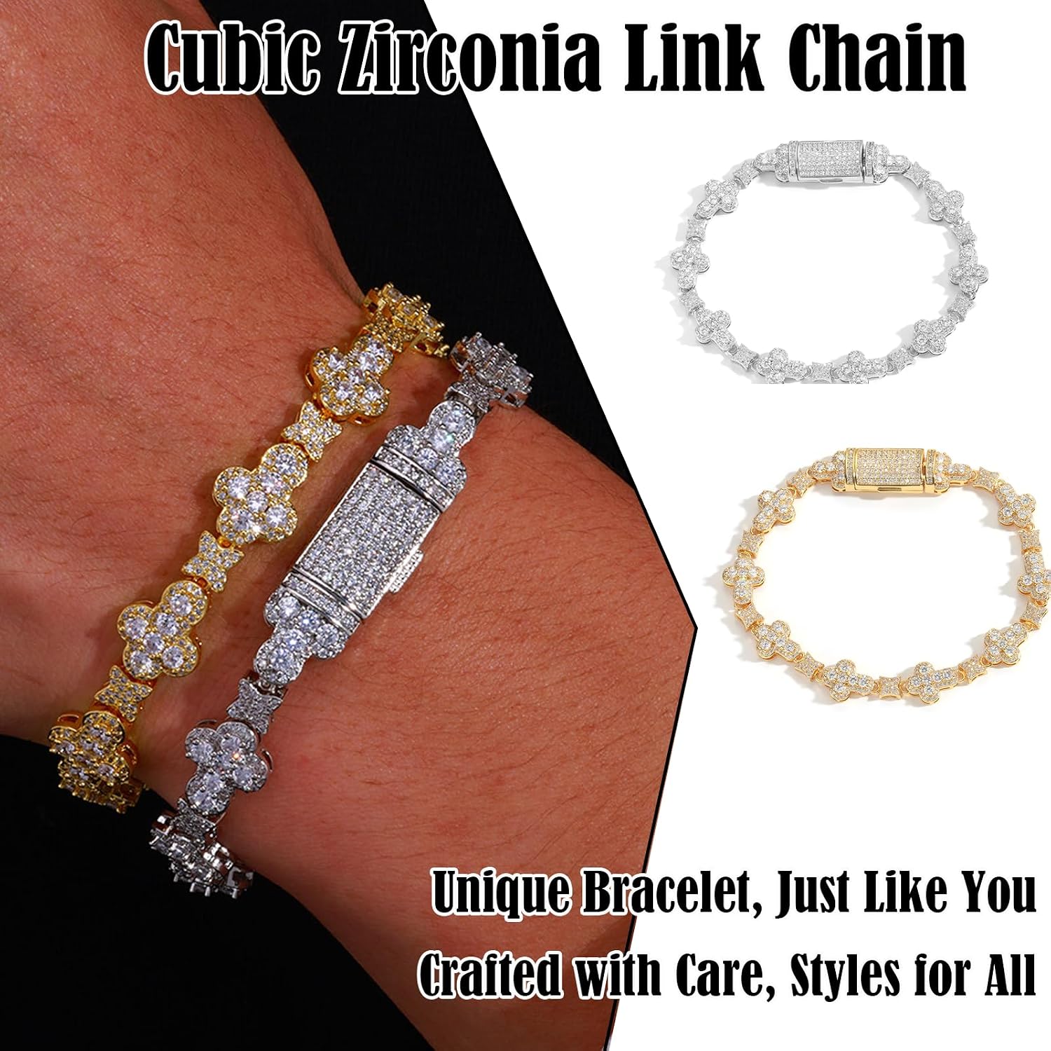 10mm Cross Flower Iced Out Bracelet, Gold Silver CZ Hip Hop Jewelry