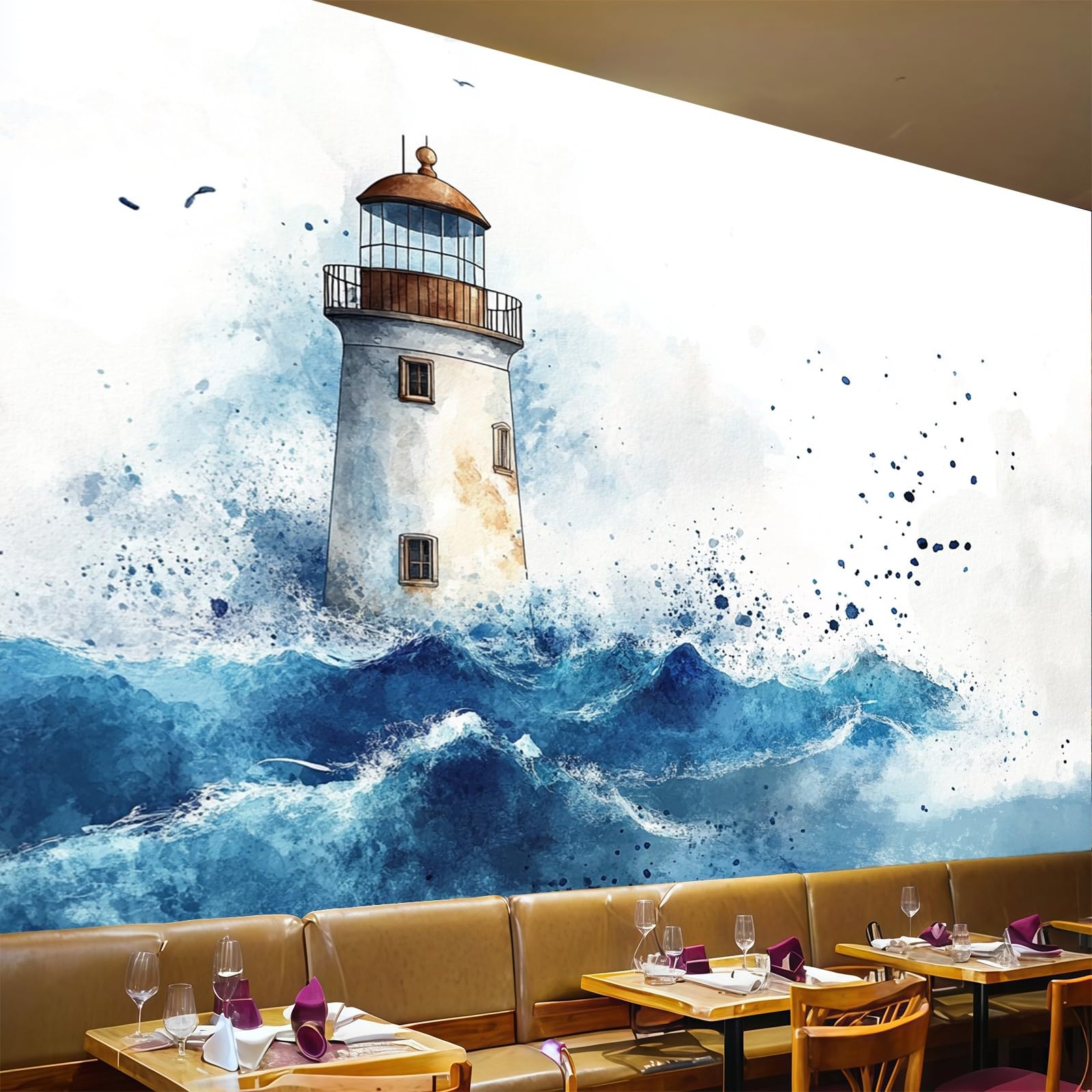 Fresque murale bleu intissée style aquarelle avec effet panoramique 3D moderne