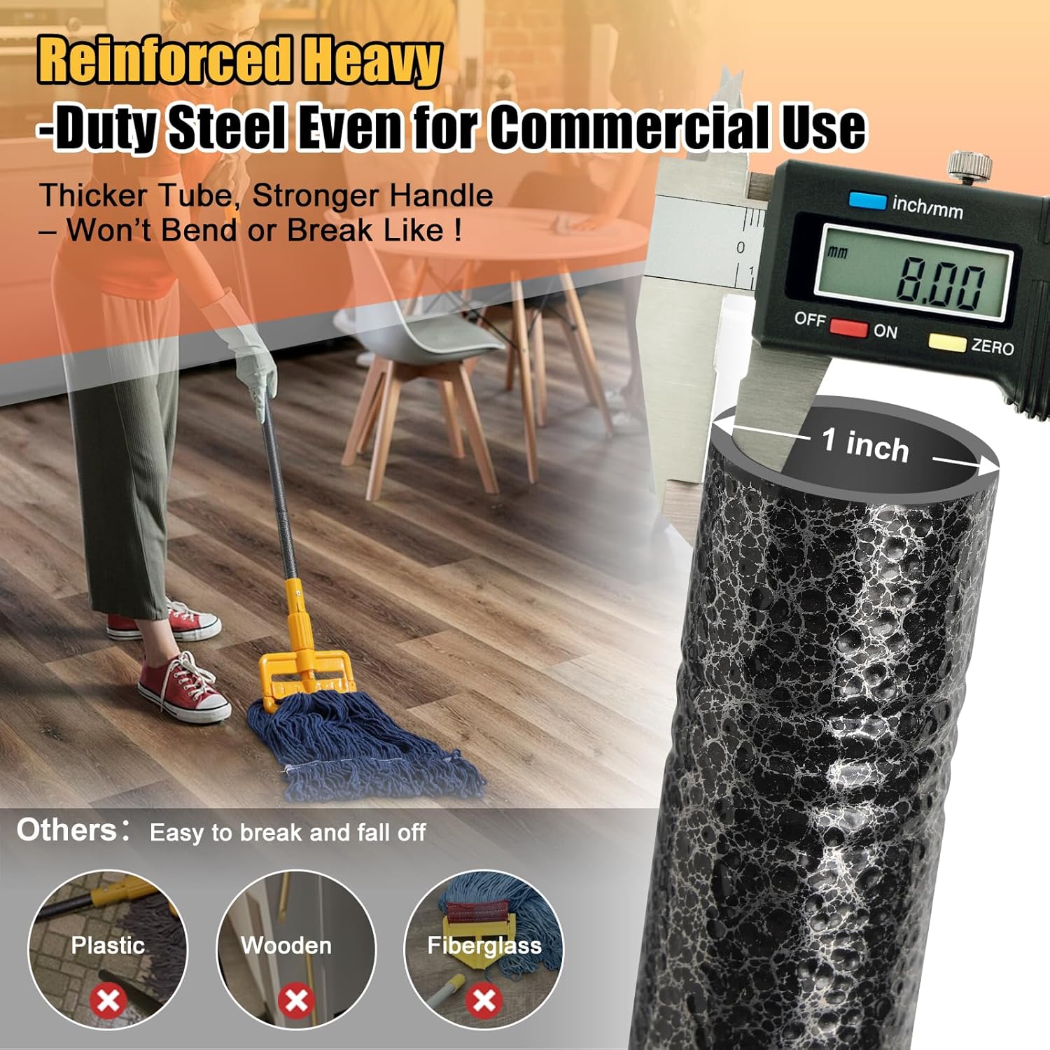 Commercial Mop Handle Replacement - 60" Heavy Duty Industrial Janitor Mops Stick,Quick-Lock ABS Clamp,Professional for Restaurant,Office,Floor,Garage,Patio - Fit for String Mop,Looped-End Rag