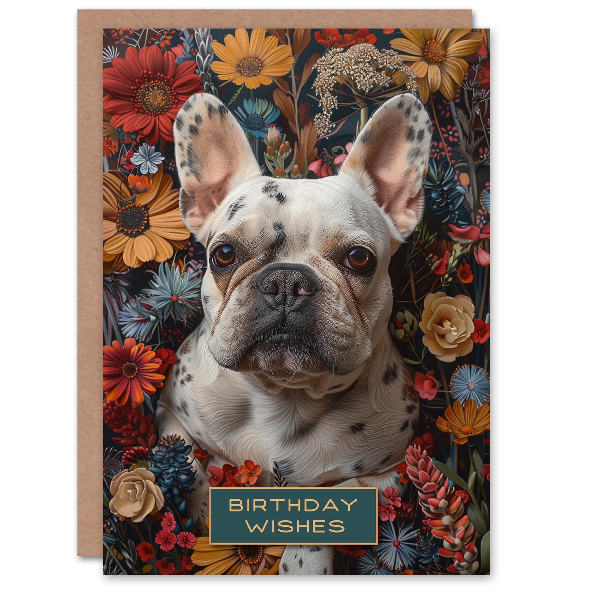 Artery8 Birthday Card French Bulldog in Autumn Wildflowers Animal Dog Lover Floral For Him Her Man Woman Girl Boy Wife Husband Greeting Card