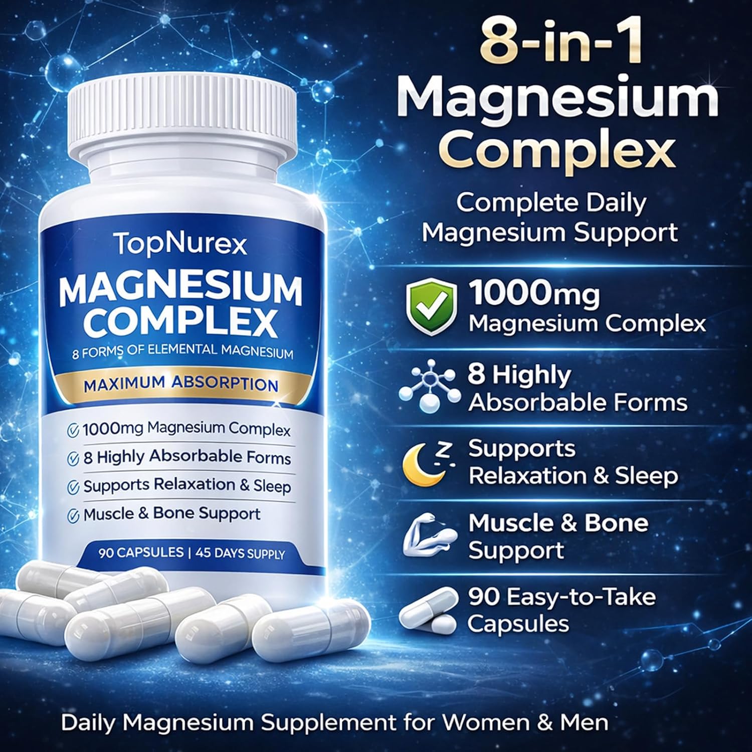 Top Nurex Magnesium Complex Supplement for Women & Men | 1000mg Maximum Absorption | 8 Magnesium Forms Including Glycinate, Citrate, Malate | Supports Relaxation, Sleep, Bone Strength | 90 Capsules