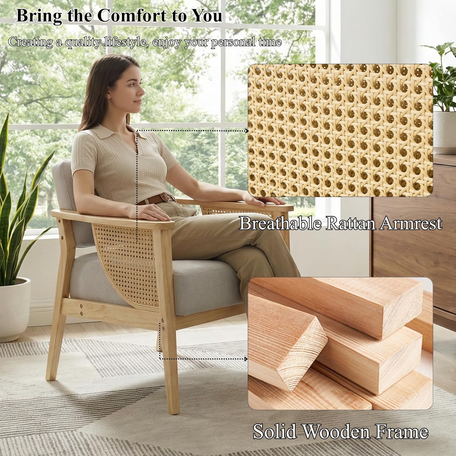 Mid Century Modern Accent Chair, Rattan Armchair with Wood Legs Living Room Chair Linen Upholstered Lounge Chair for Bedroom Reading Room, Grey