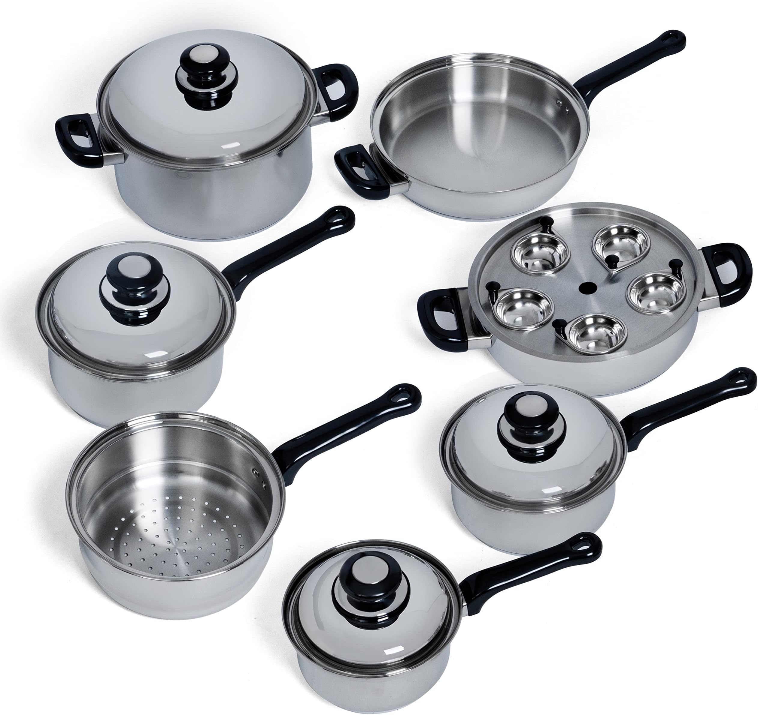 Maxam Waterless Cookware Set, Durable Stainless Steel Construction with Heat and Cold Resistant Handles, 17-Pieces