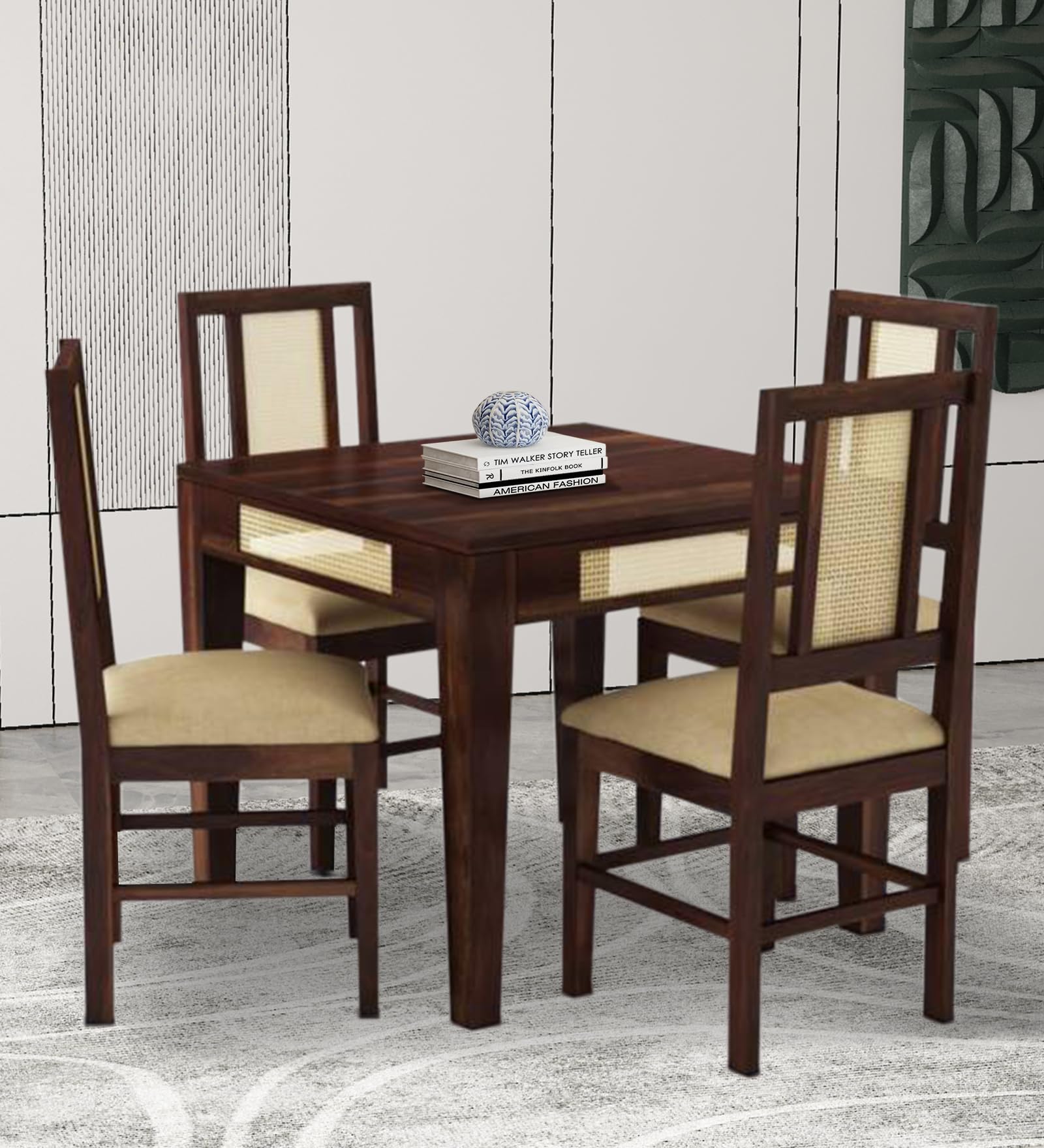 sheesham wood 4 seater dining table set with cane chairs | solid wooden dining table with four cane back chairs | handcrafted dining set for dining room, kitchen & home | walnut finish