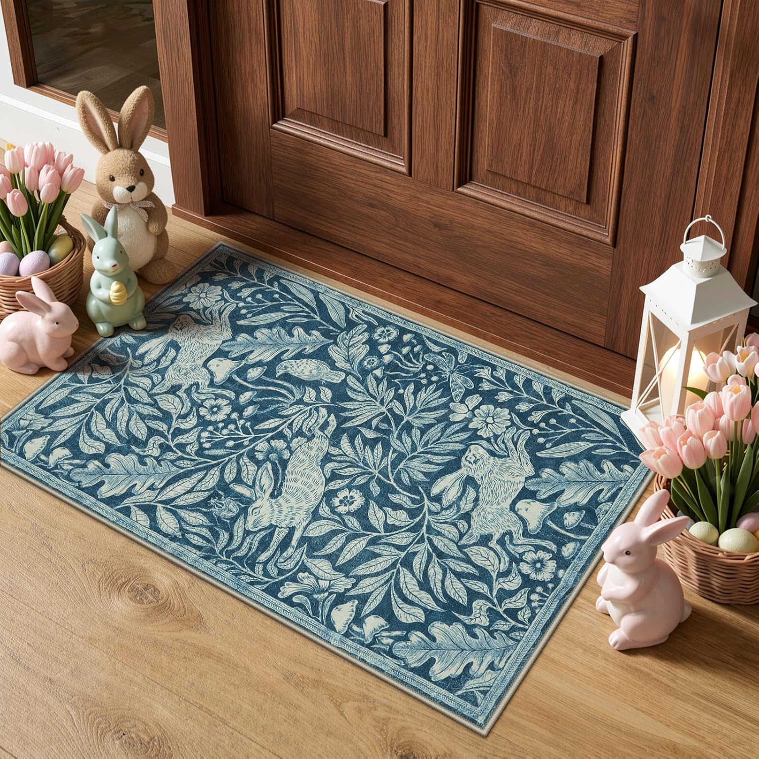 Lahome Nadine Forest Rabbit 2x3 Entryway Rug, Soft Animal Washable Blue Throw Rug Easter Door Mat for Entrance Indoor, Whimsical Stain Resistant Woodland Bunny Door Mat for Bathroom Kitchen