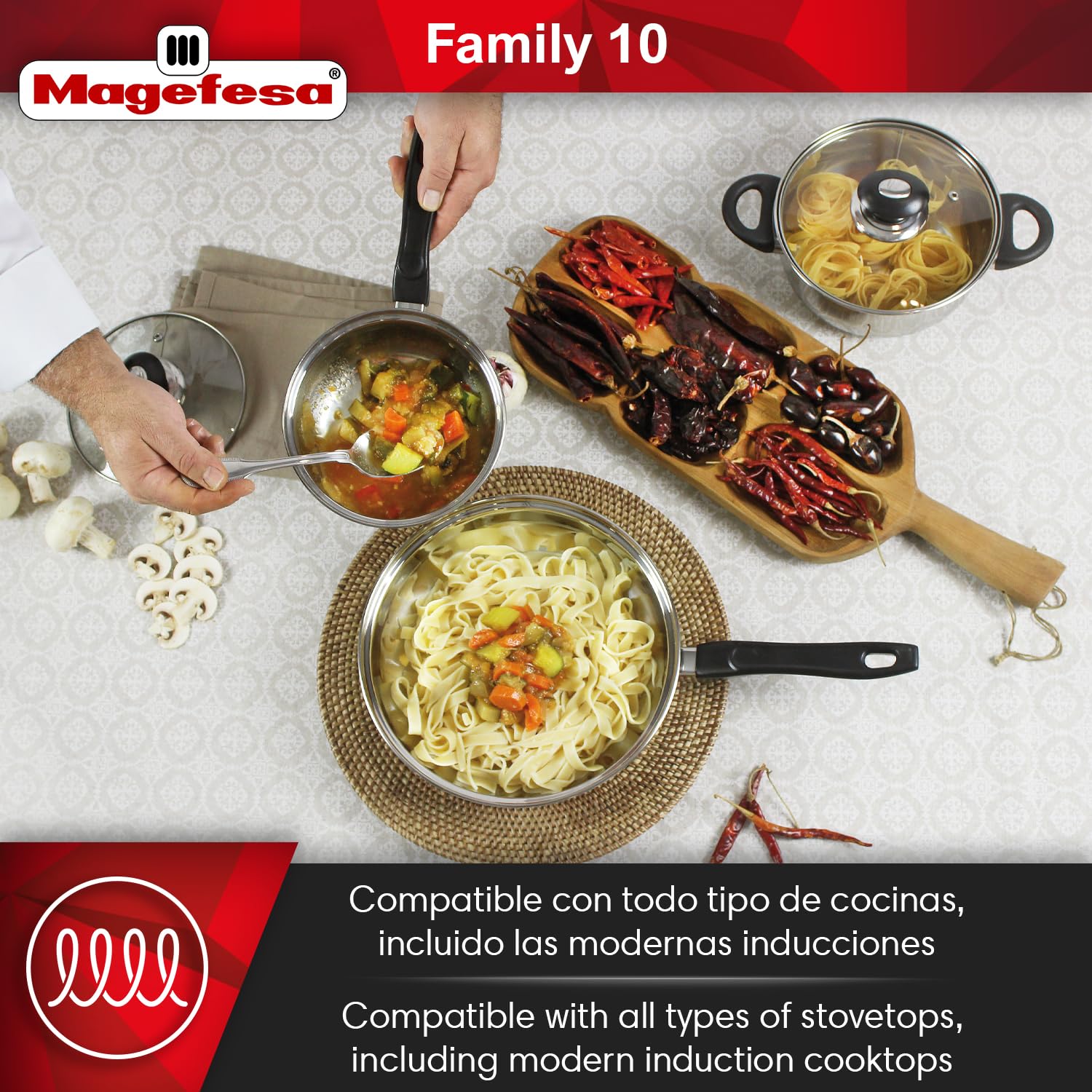 Magefesa Family - Batería de Cocina, 10 piezas, Acero Inoxidable, Fácil Limpieza y Apta Lavavajillas, Asas Bakelita toque soft-cold